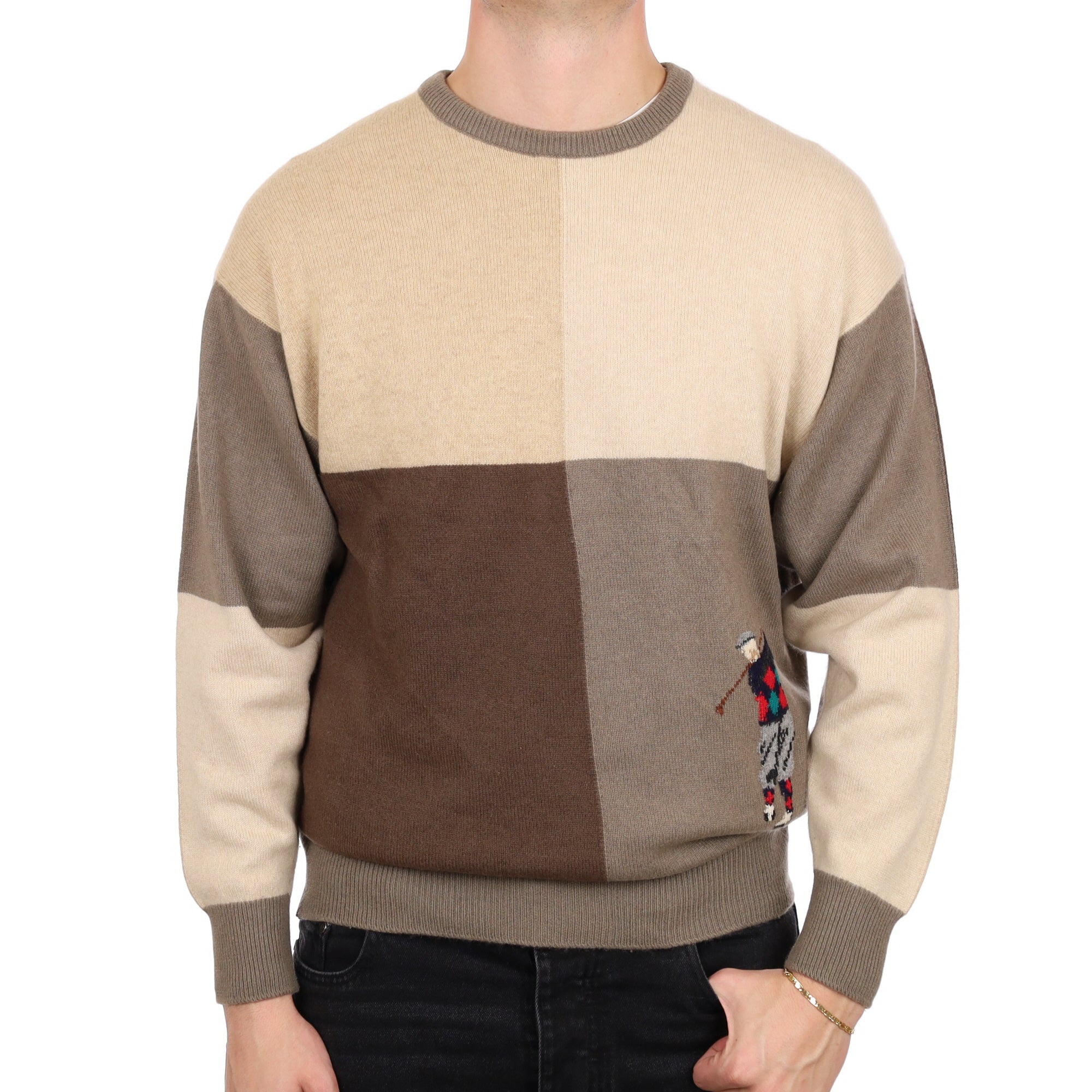 Men's Scottish Brown Colour Block Cashmere Crew Neck Jumper XL