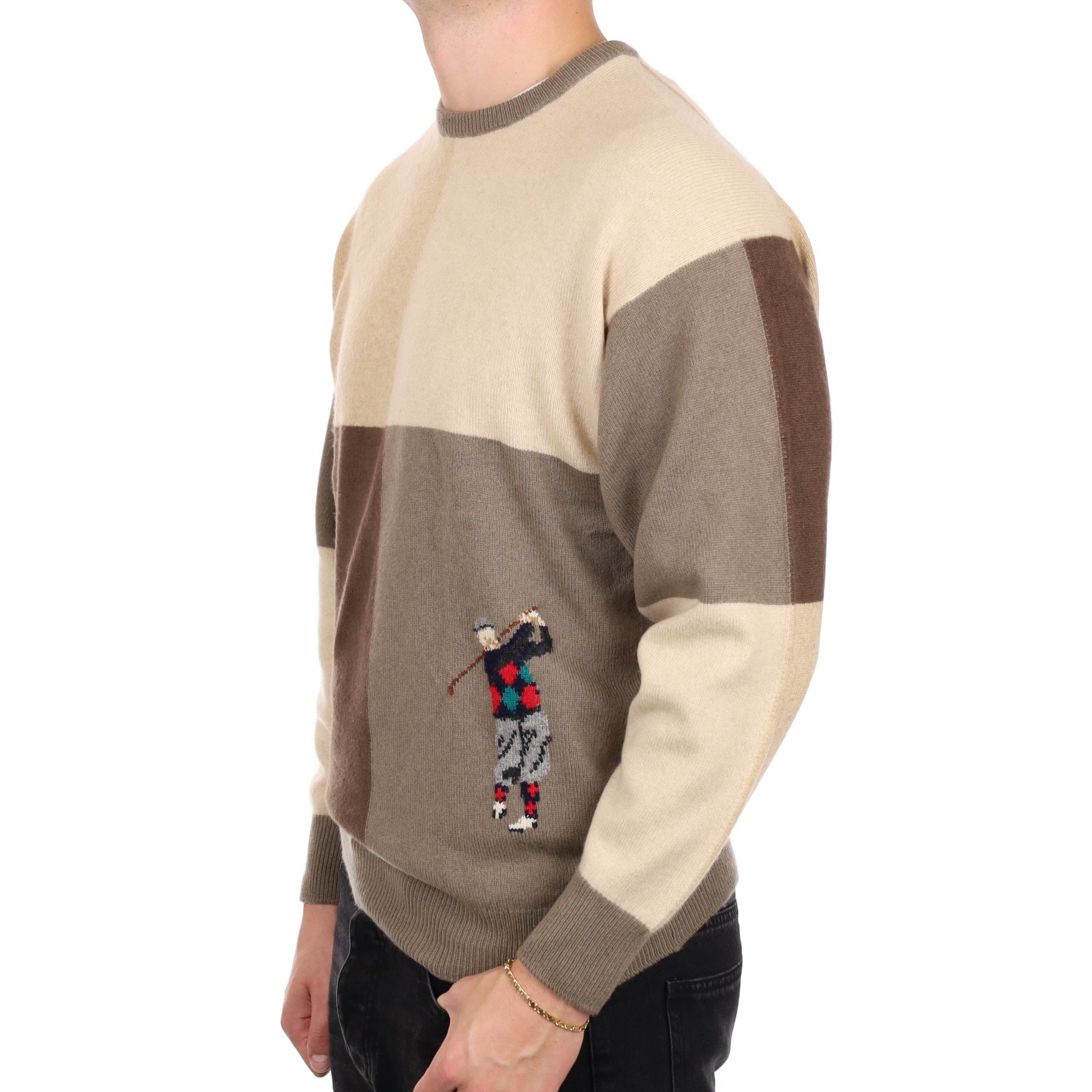 Men's Scottish Brown Colour Block Cashmere Crew Neck Jumper XL