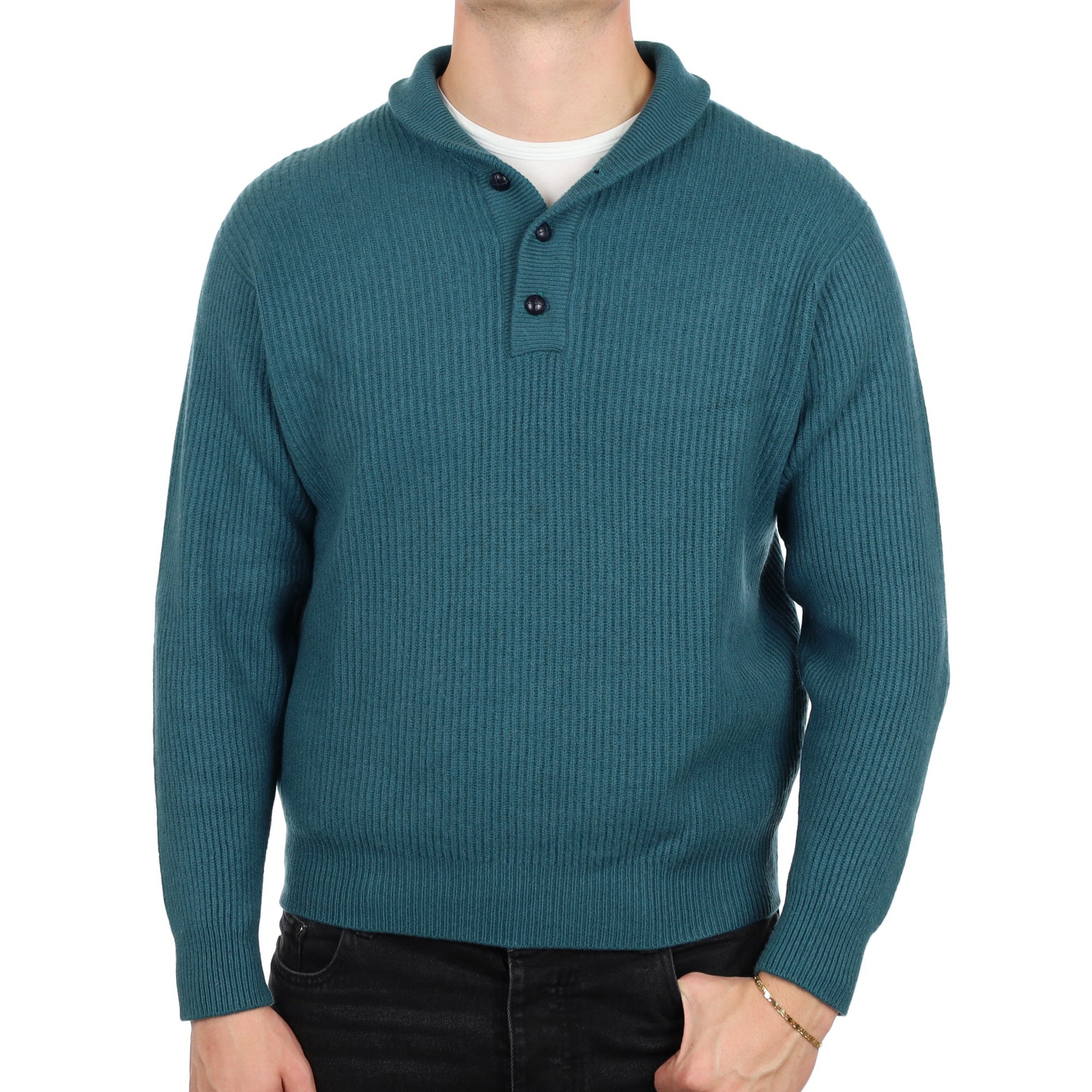 Men's Deep Sea Green Cashmere 1/4 Button V Neck Jumper XL