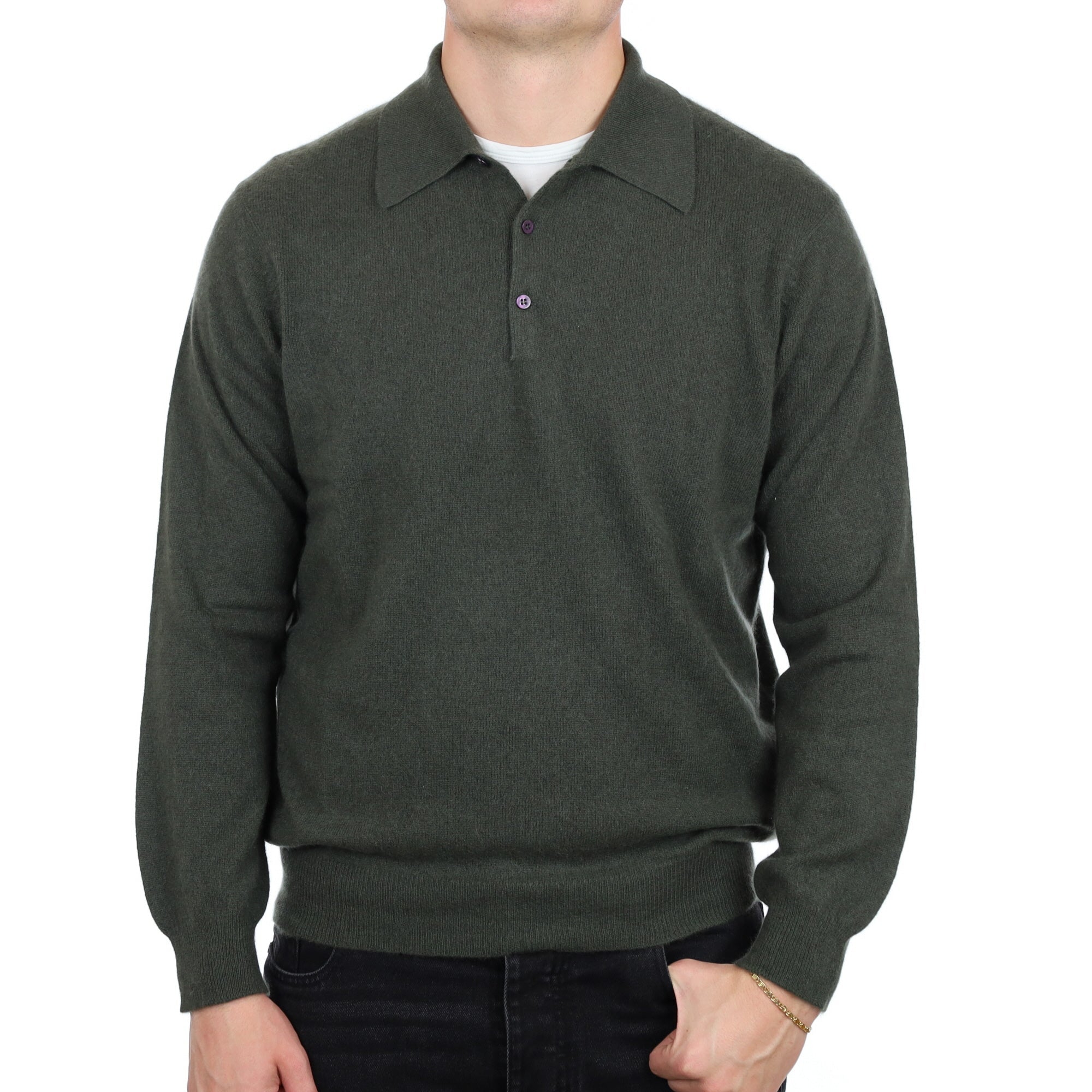 Men's Deep Khaki Green Cashmere Collared 1/4 Button Neck Jumper XL