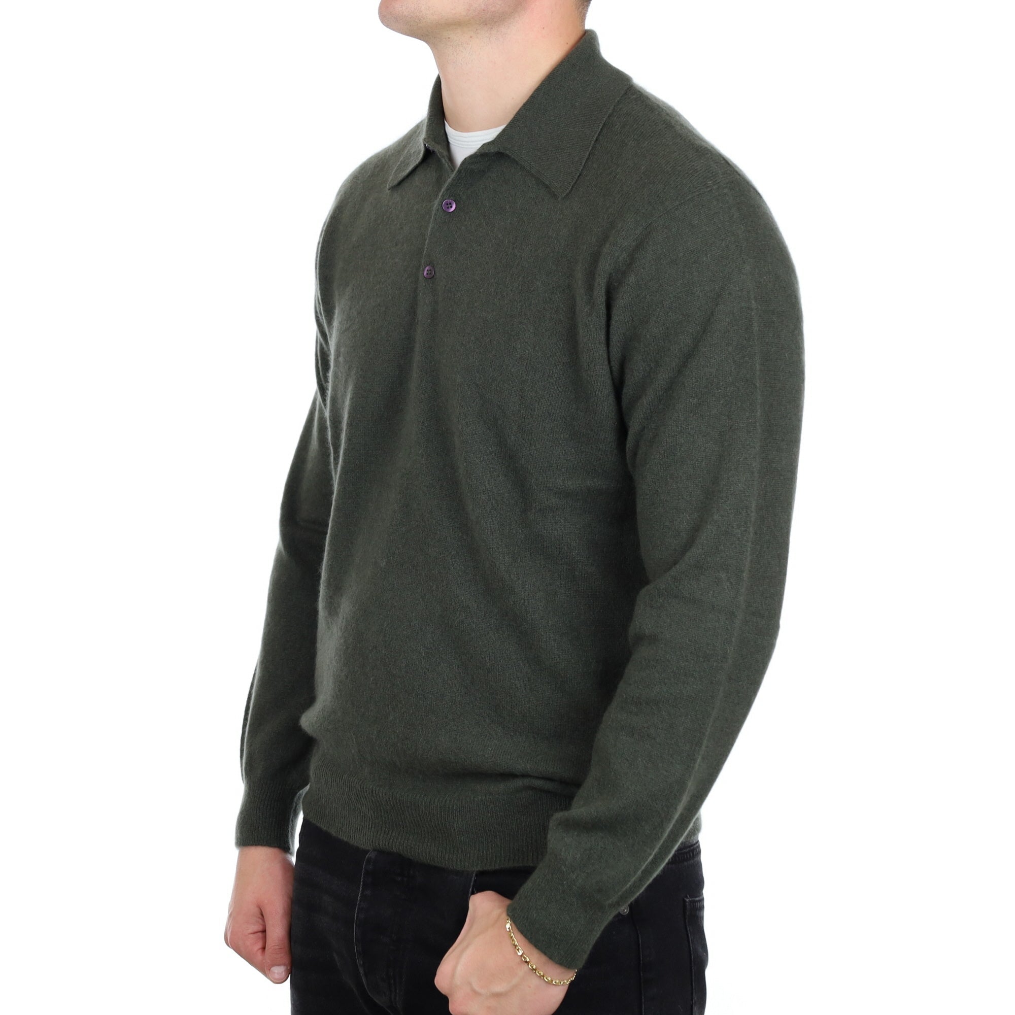 Men's Deep Khaki Green Cashmere Collared 1/4 Button Neck Jumper XL
