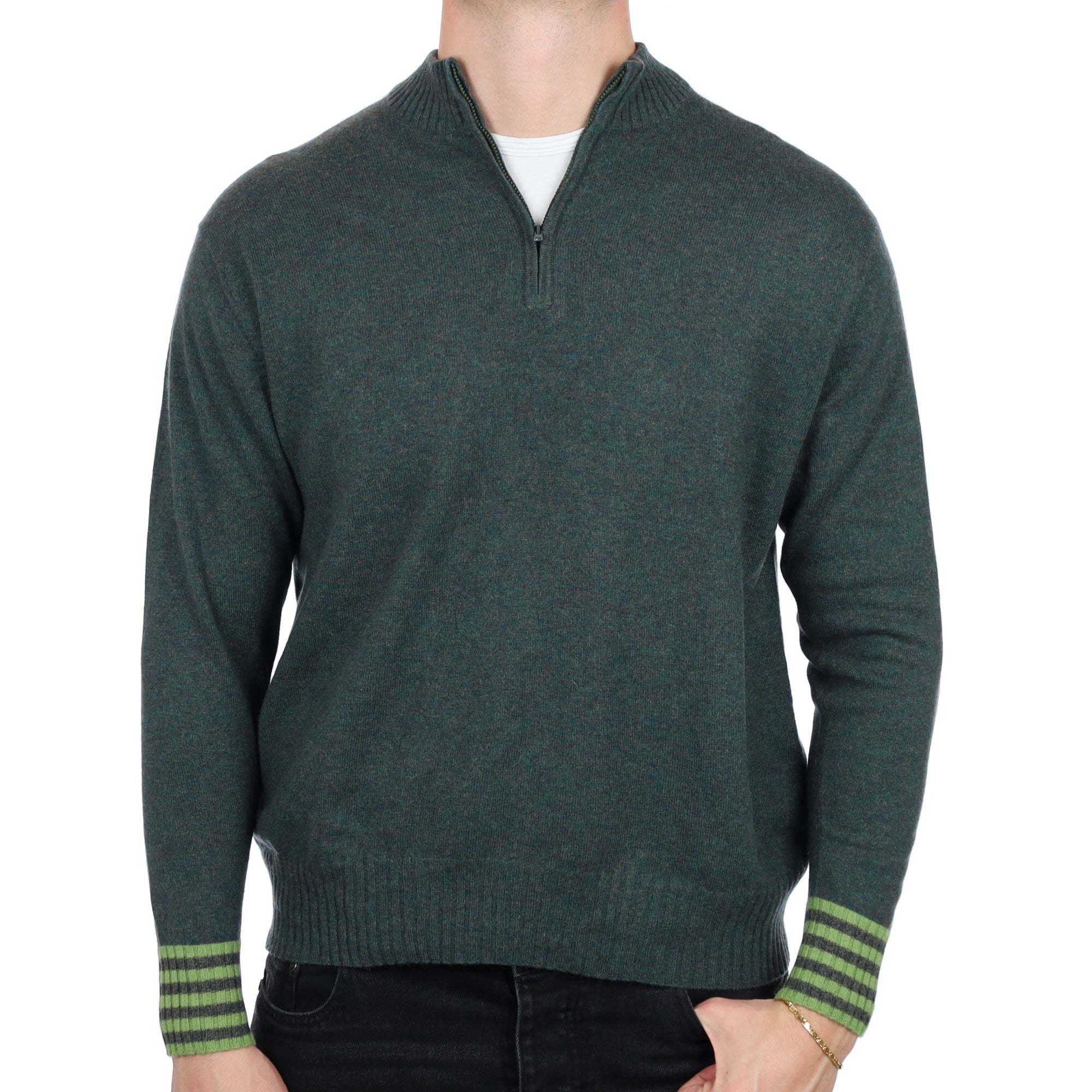 Men's Moss Green Marl Cashmere 1/4 Zip Neck Jumper XL
