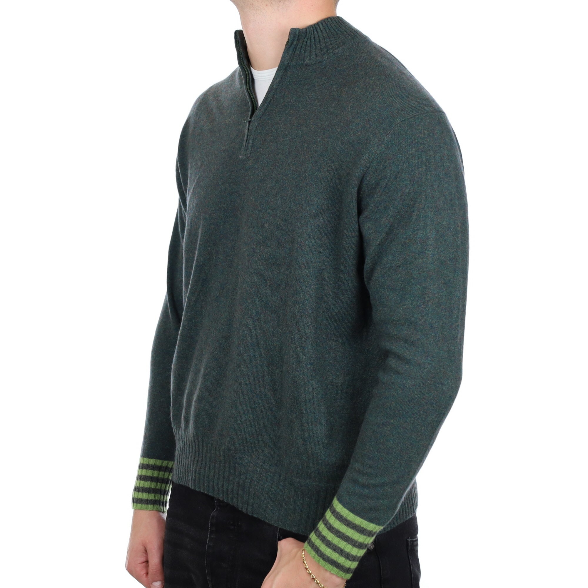 Men's Moss Green Marl Cashmere 1/4 Zip Neck Jumper XL