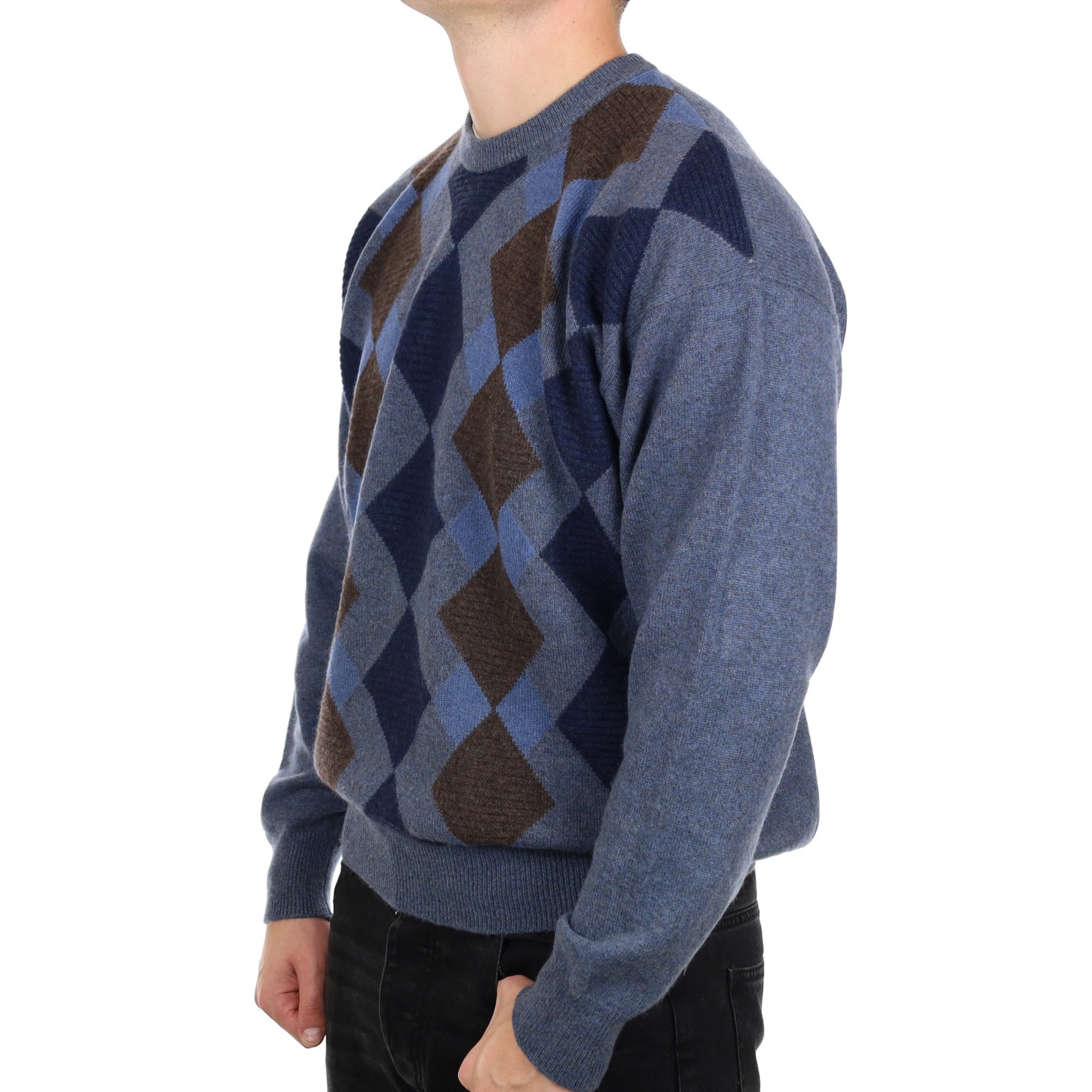 Men's Scottish Blue Diamond Cashmere Crew Neck Jumper XXL