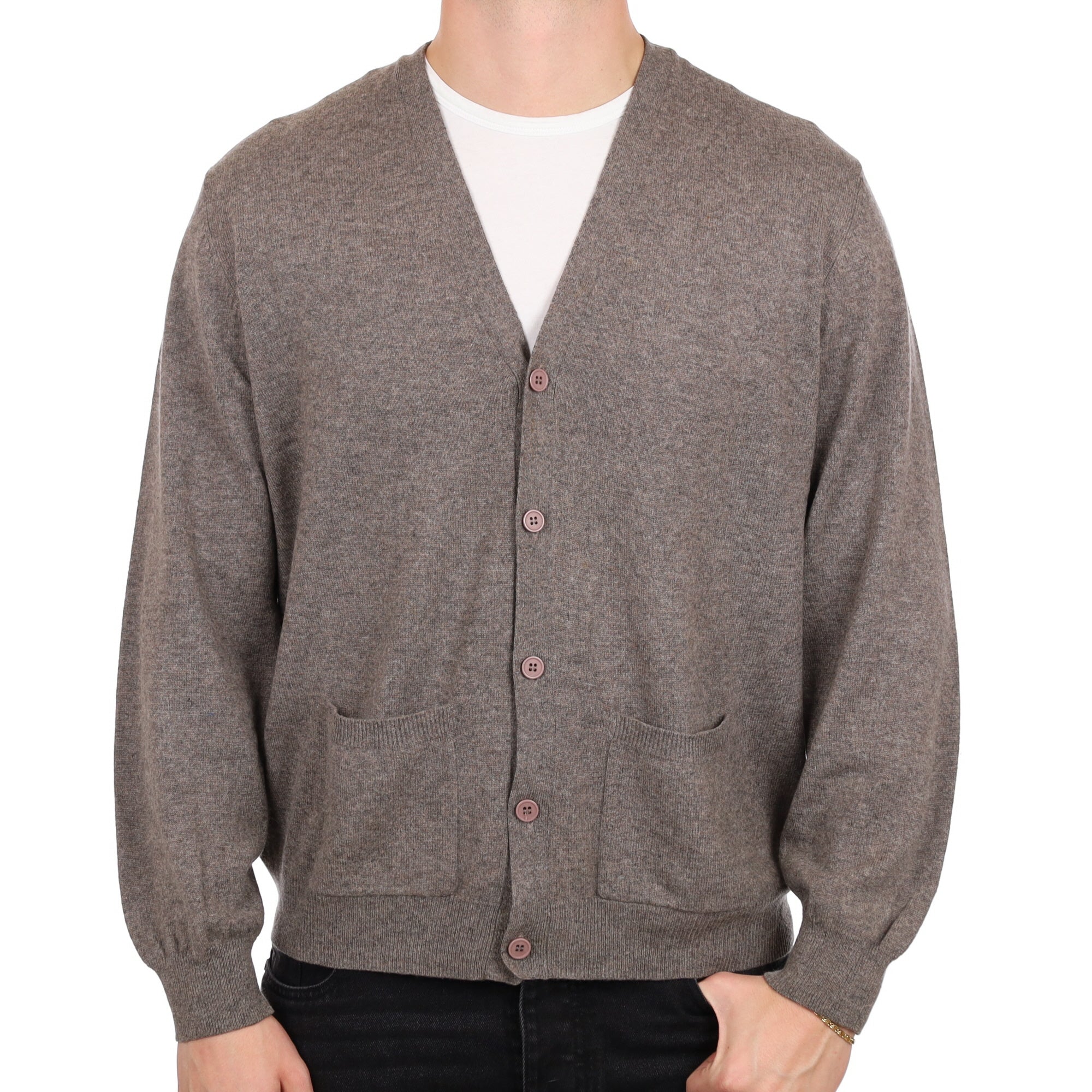 Men's Mocha Brown Cashmere V Neck Cardigan with Pockets XXL