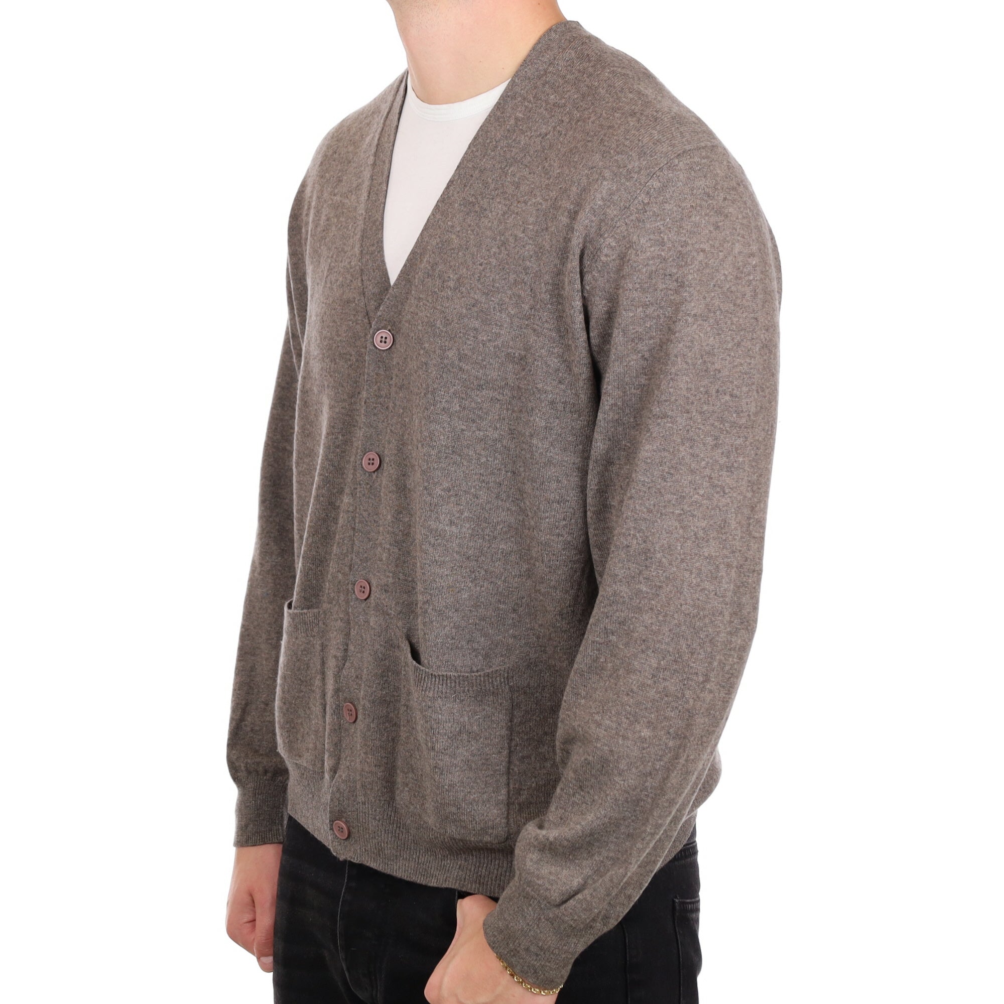 Men's Mocha Brown Cashmere V Neck Cardigan with Pockets XXL