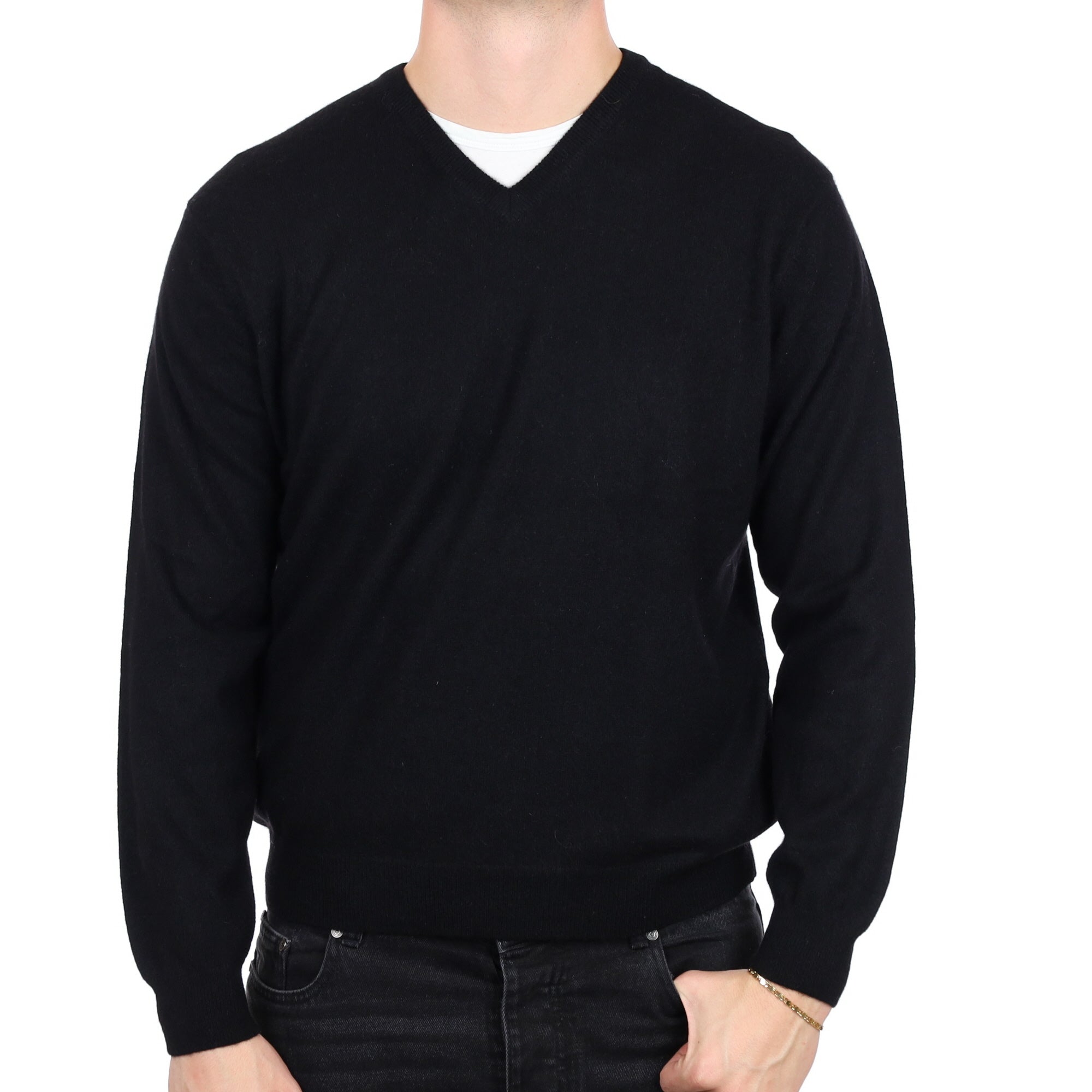 Men's Black Cashmere V Neck Jumper XXL