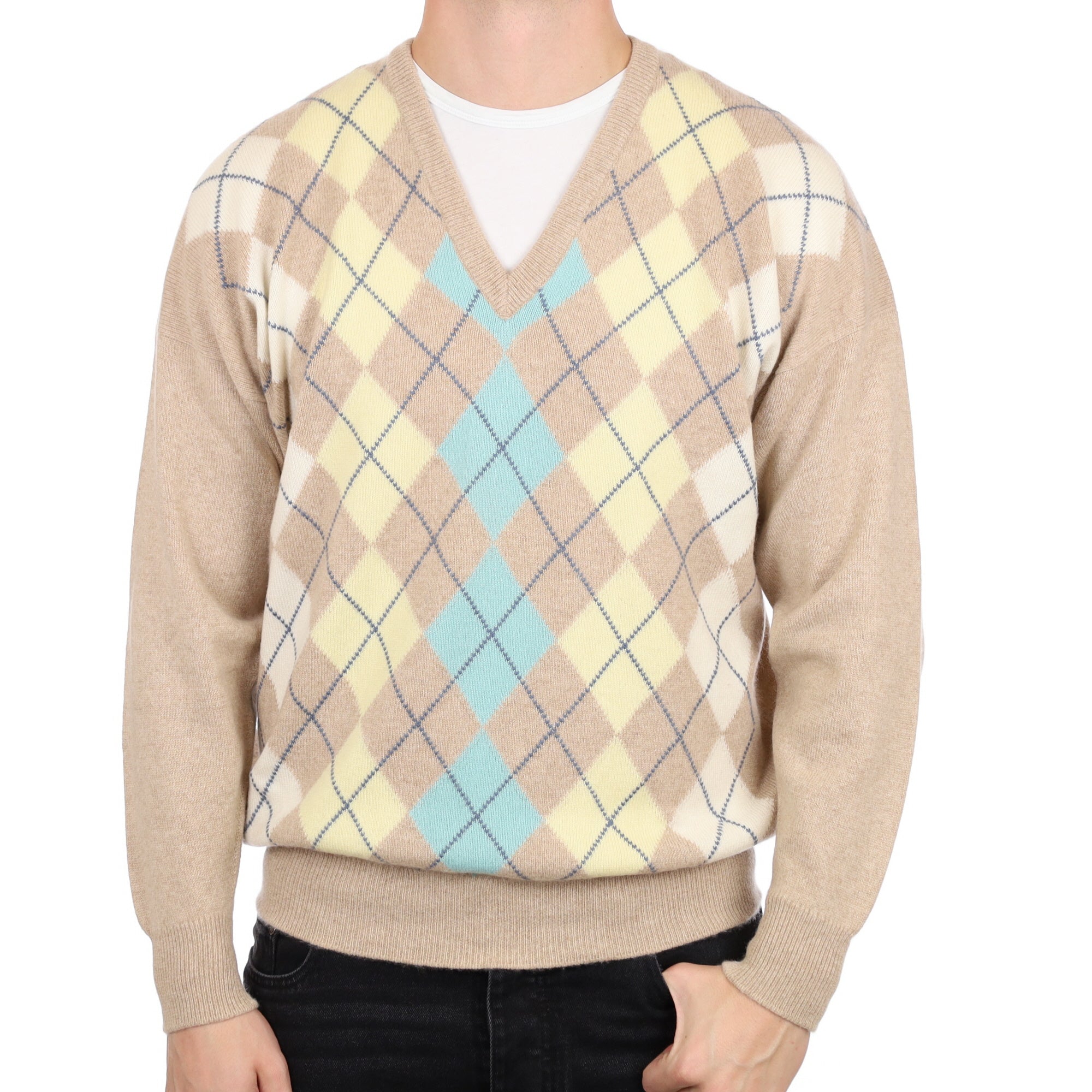 Men's Biscuit Argyle Cashmere V Neck Jumper XXL