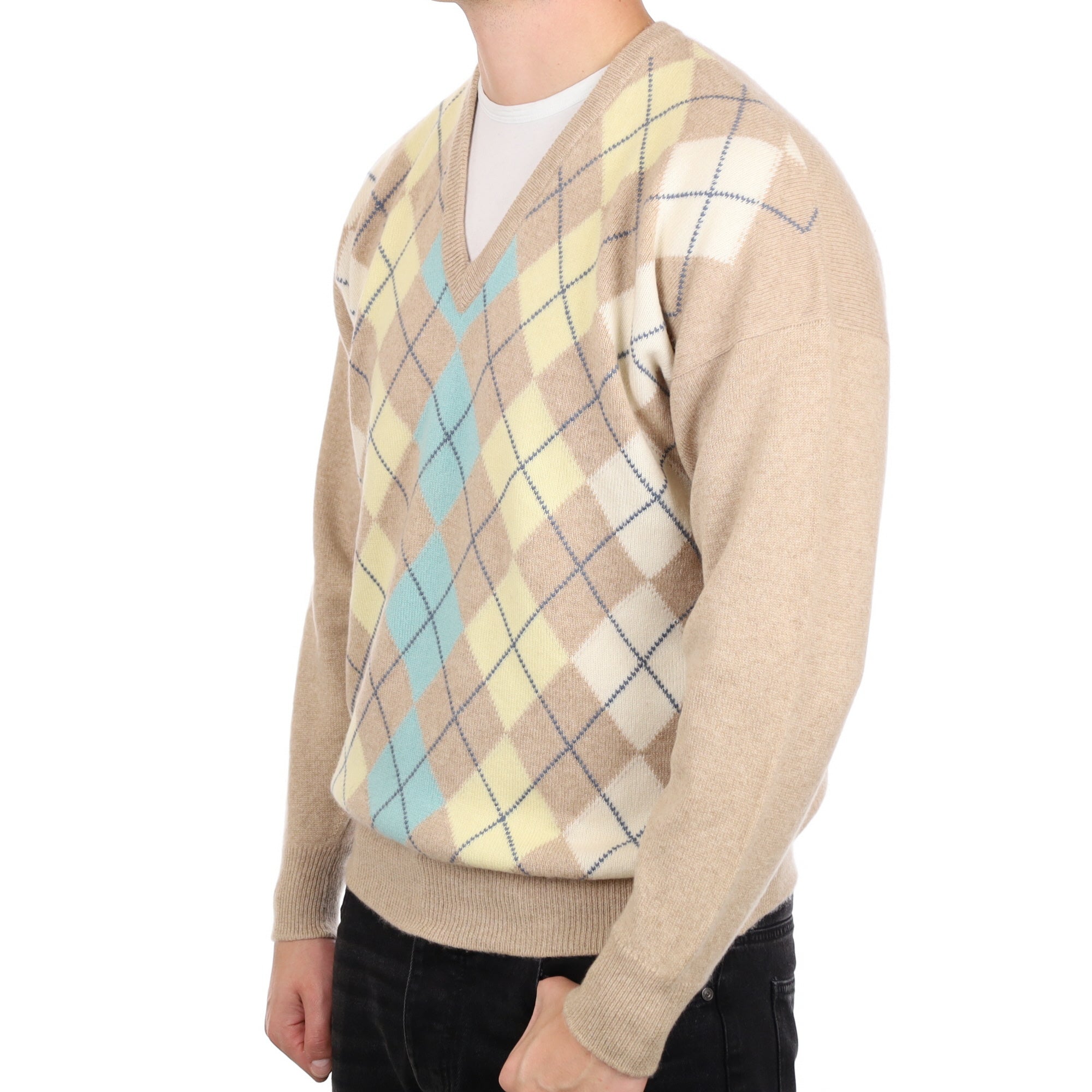 Men's Biscuit Argyle Cashmere V Neck Jumper XXL