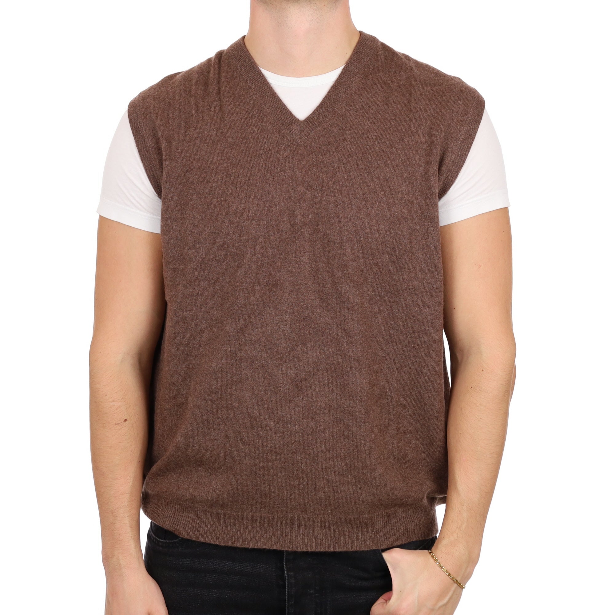 Men's Nutmeg Brown Cashmere Sleeveless V Neck Jumper XXL