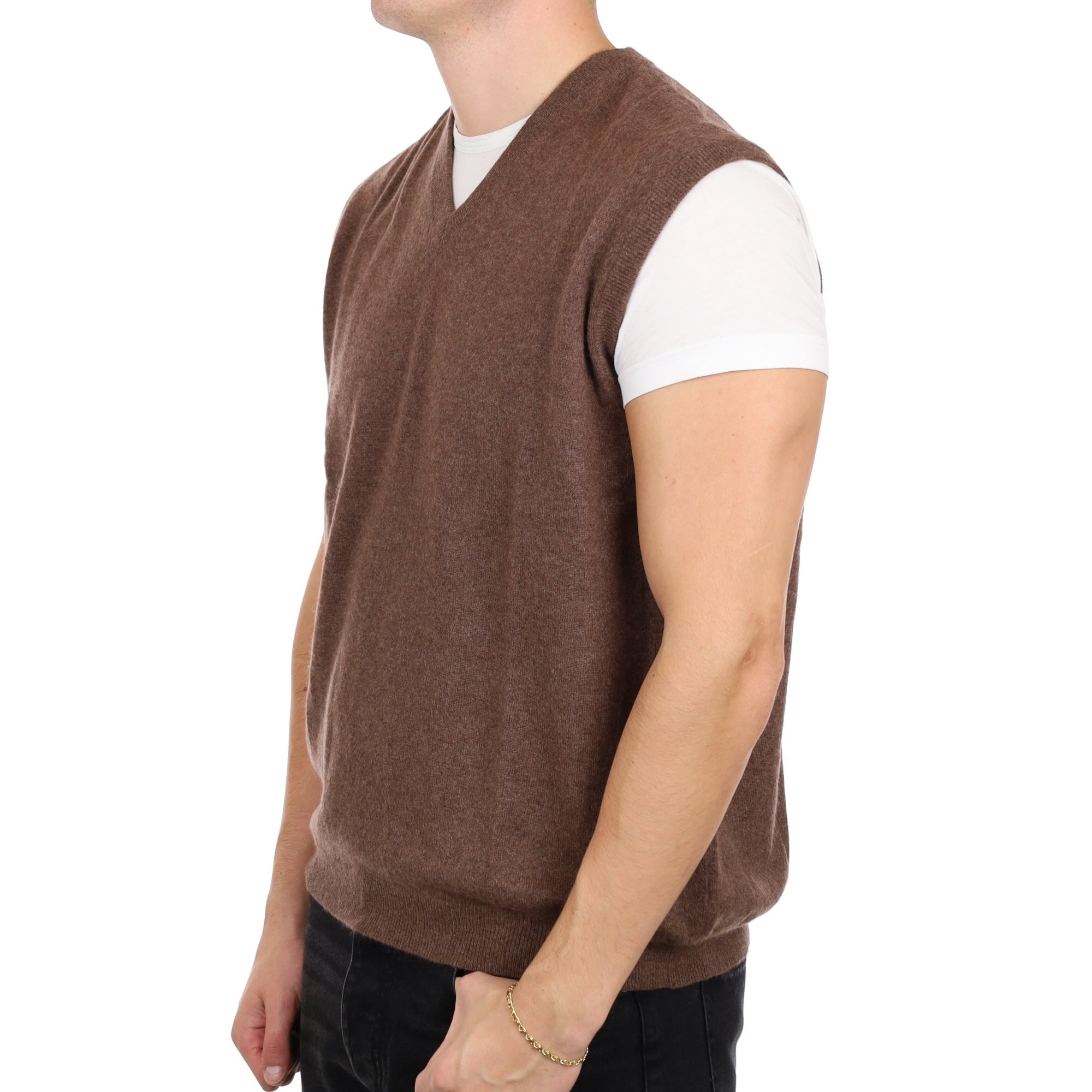 Men's Nutmeg Brown Cashmere Sleeveless V Neck Jumper XXL