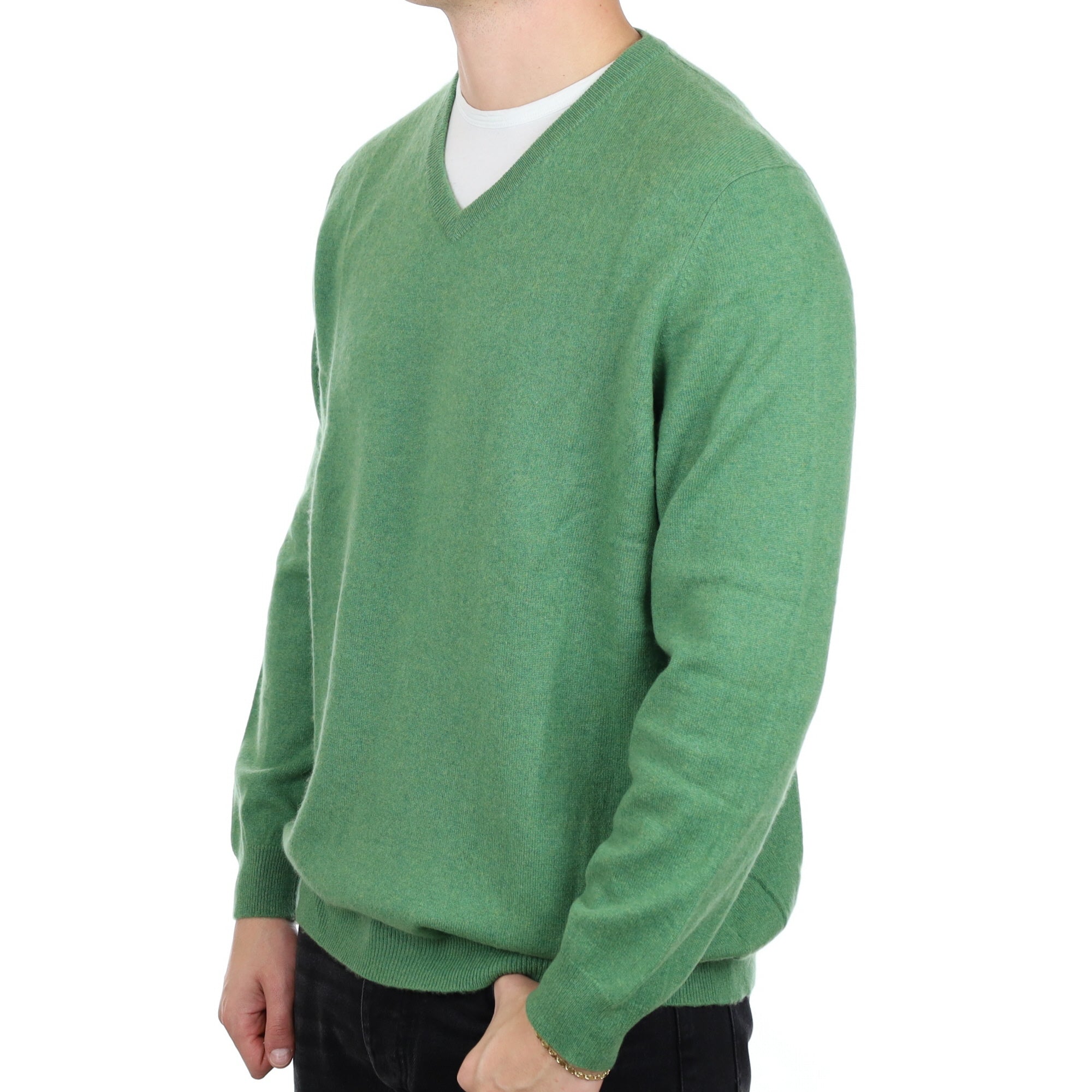 Men's Pear Green Cashmere V Neck Jumper XXL