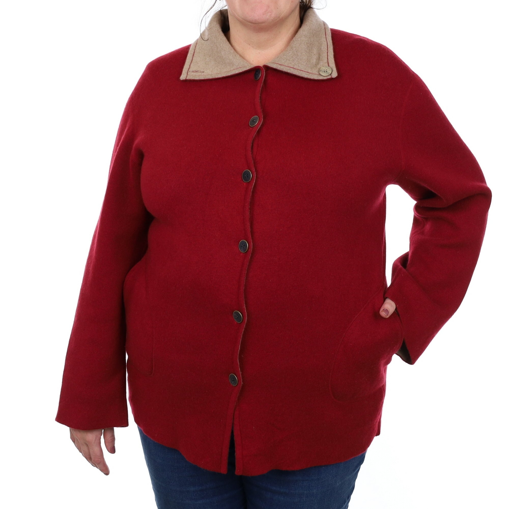 Burgundy and Taupe Cashmere Reversible Collared Jacket Extra Large