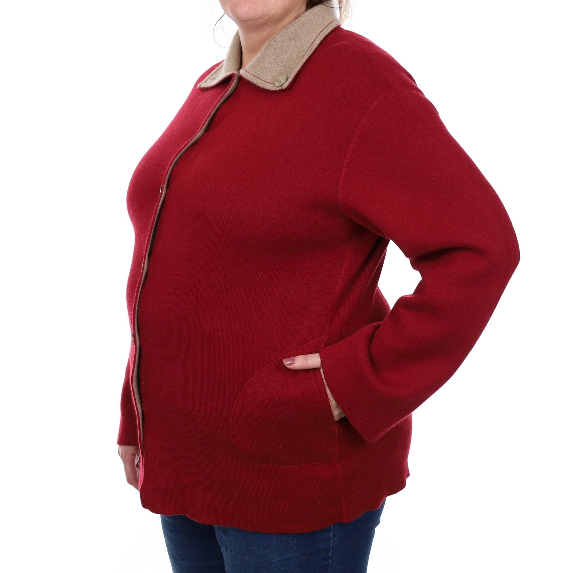 Burgundy and Taupe Cashmere Reversible Collared Jacket Extra Large