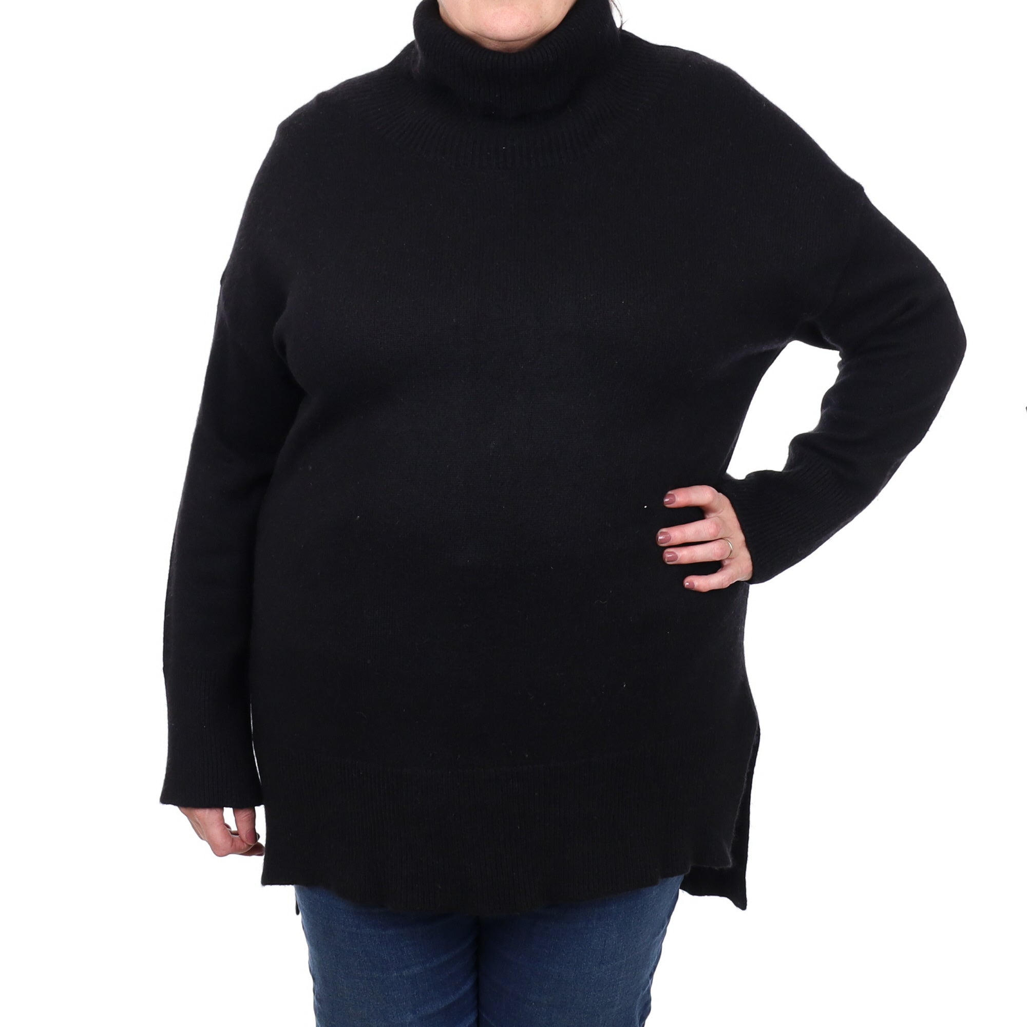 Black Cashmere Polo Neck Longline Jumper Extra Large