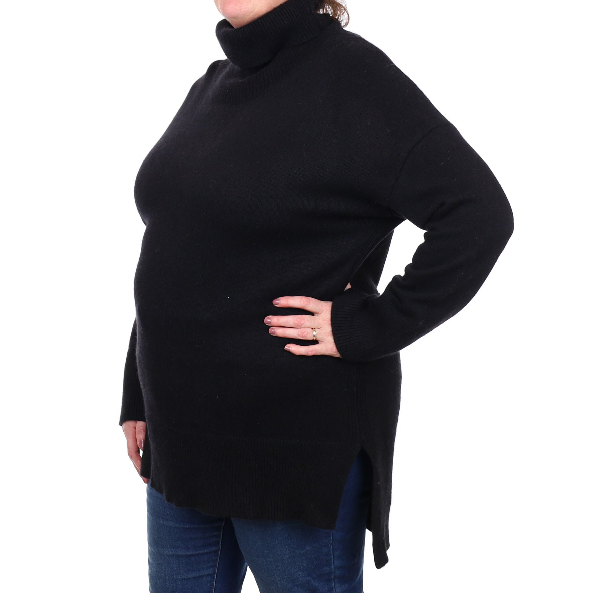 Black Cashmere Polo Neck Longline Jumper Extra Large