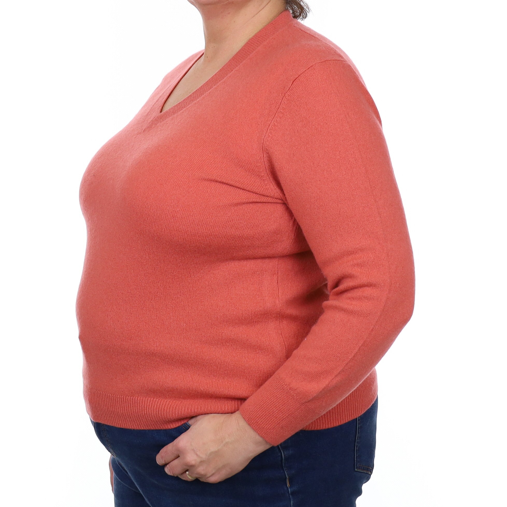 Deep Salmon Pink Cashmere V Neck Jumper Extra Large