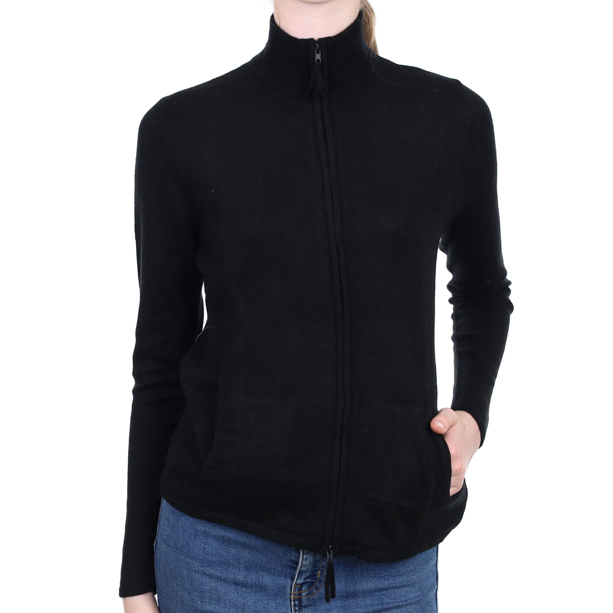 Black Cashmere Zip Up Turtle Neck Cardigan Extra Small