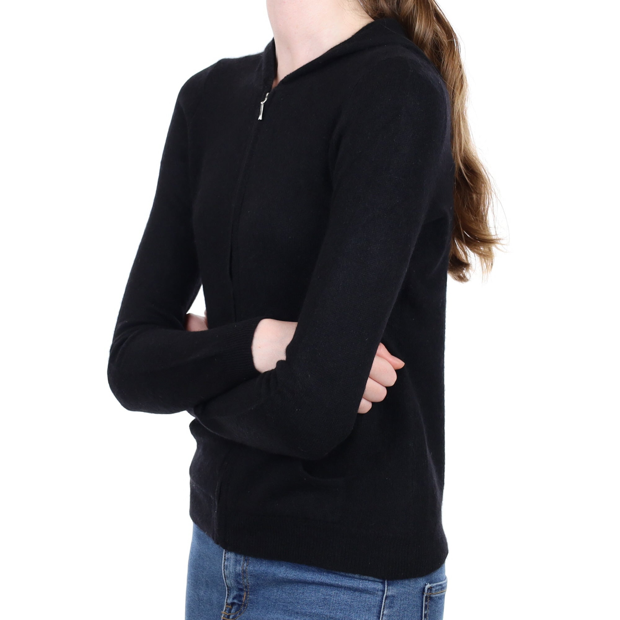 Black Cashmere Zip Up Hoodie Cardigan with Pockets Extra Small