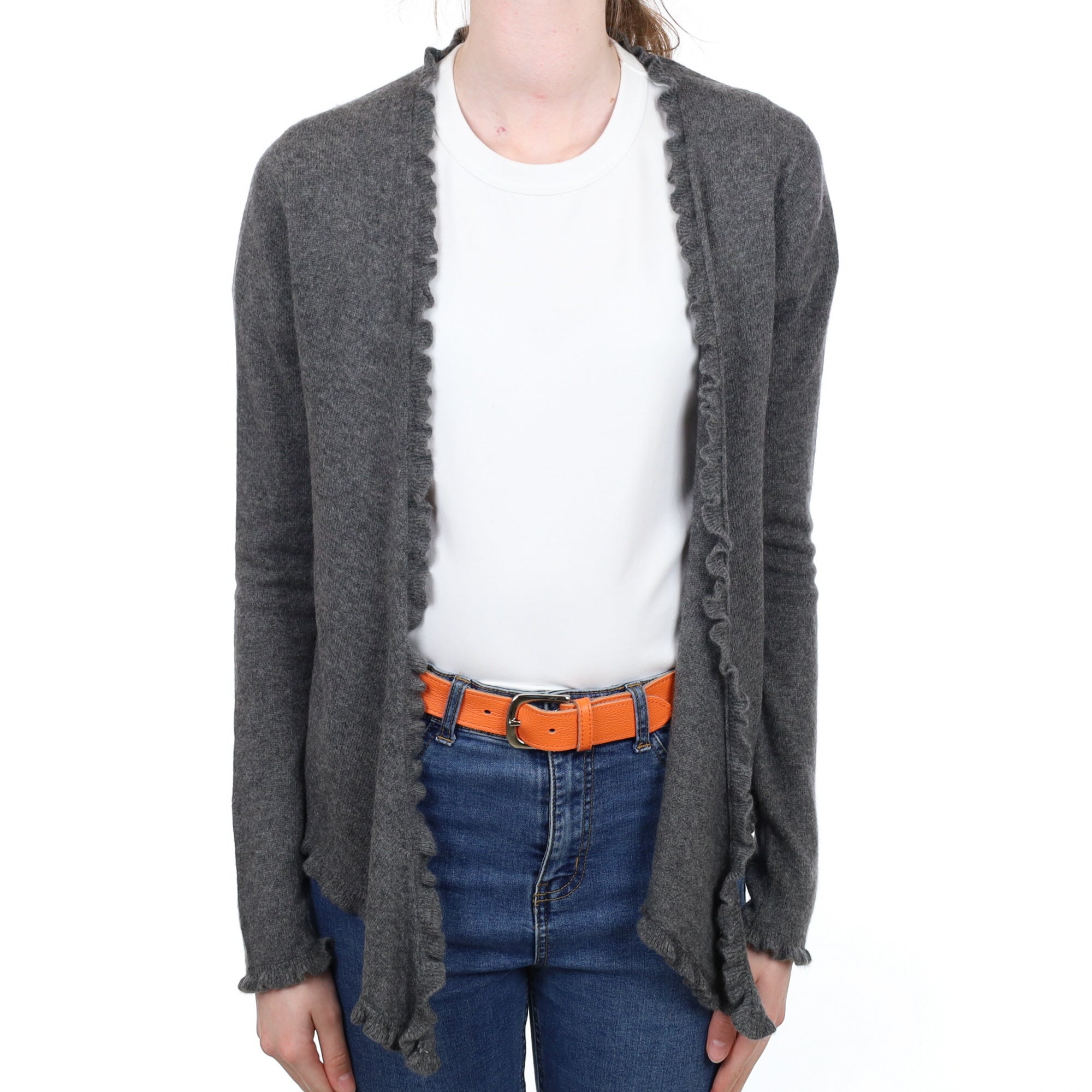Slate Grey Ruffle Cashmere Tie Front Cardigan Extra Small