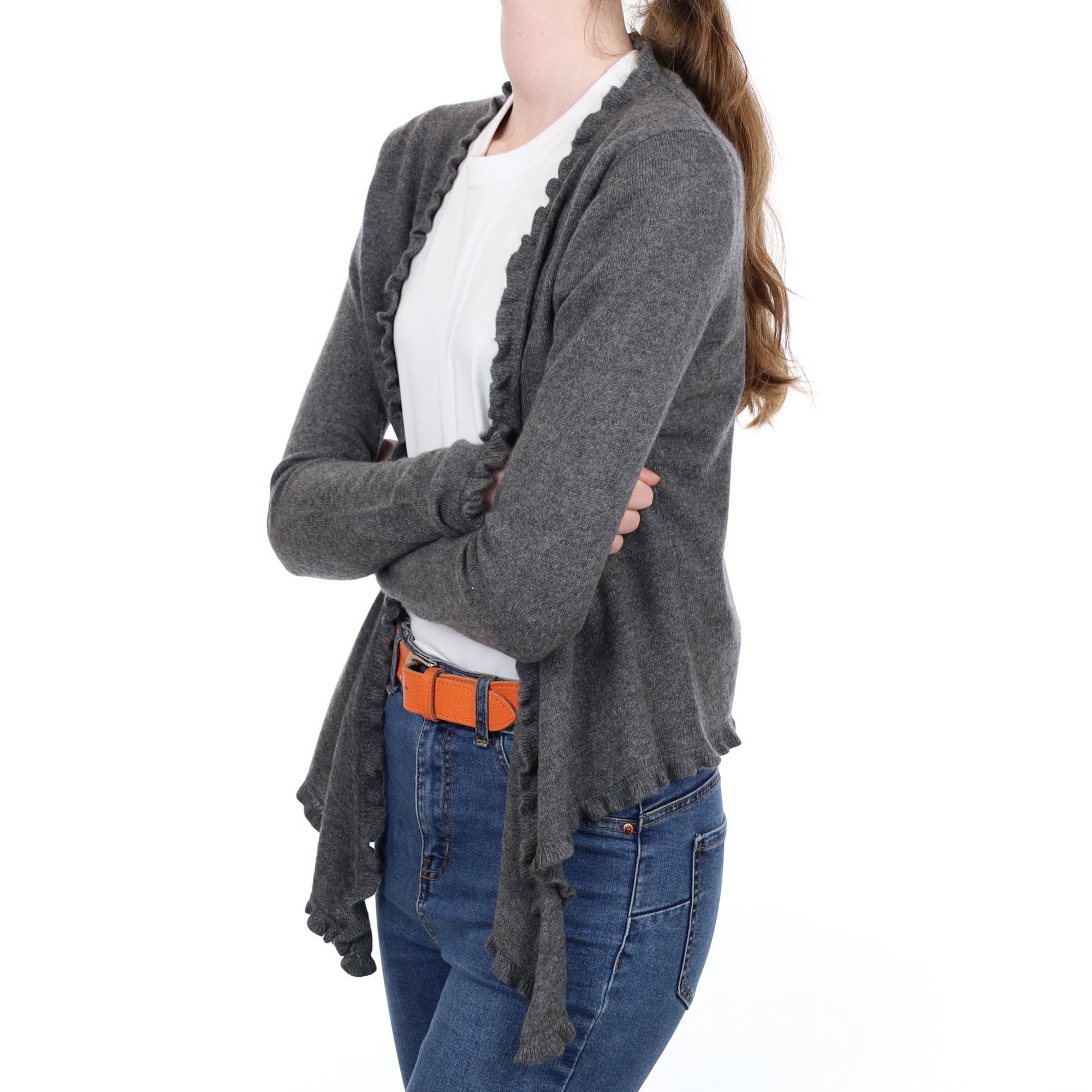Slate Grey Ruffle Cashmere Tie Front Cardigan Extra Small