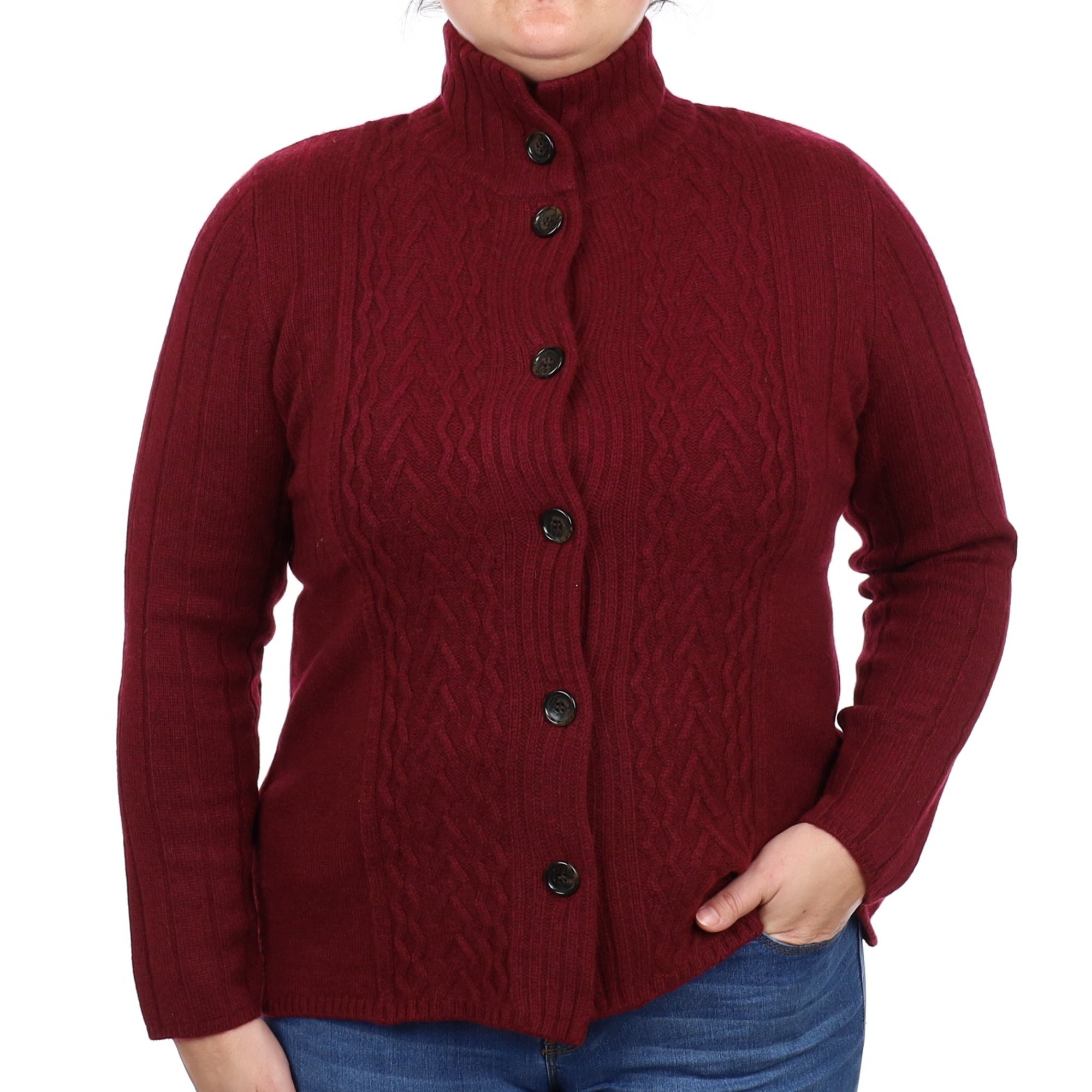 Wine Red Cashmere Collared Neck A Line Cardigan Large