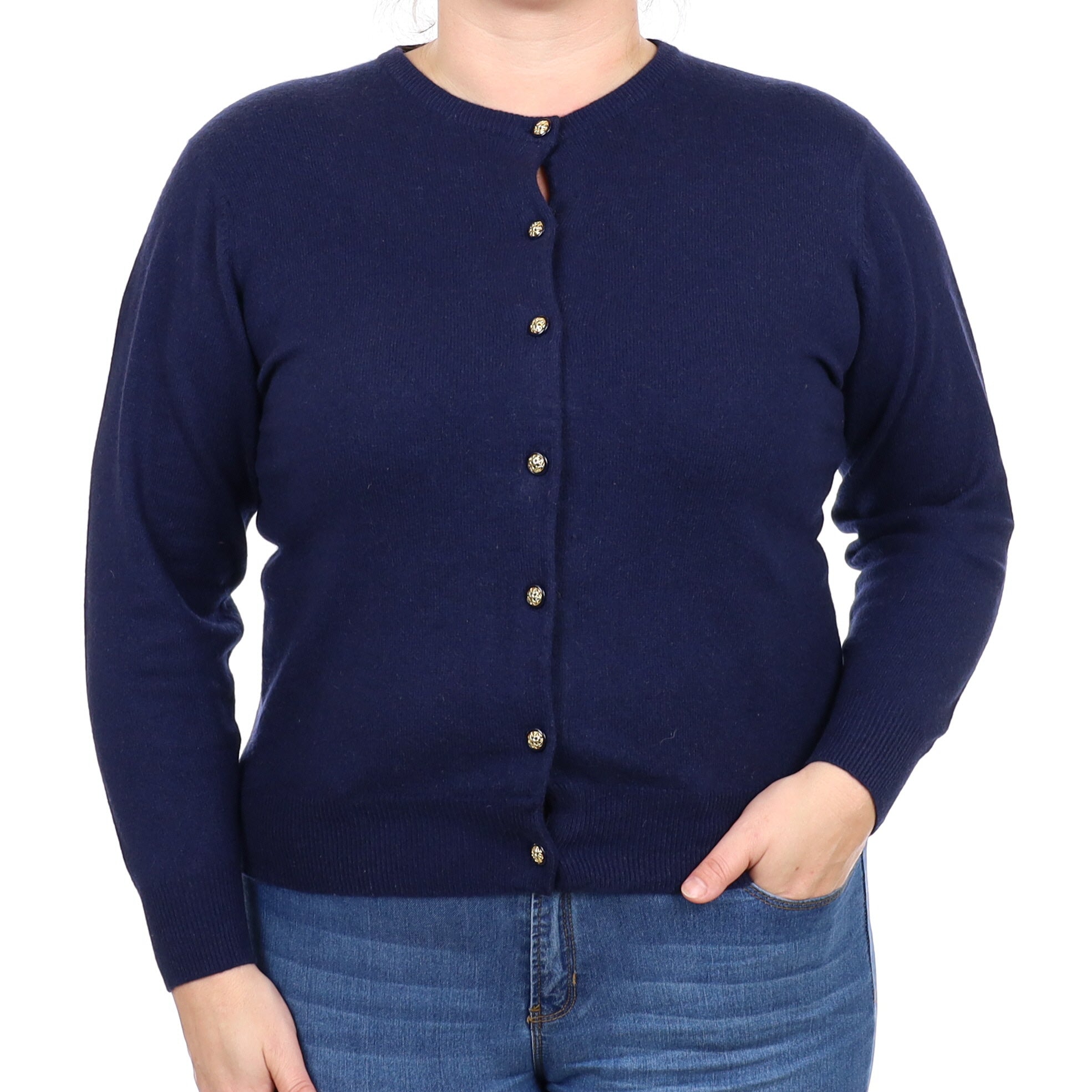 Navy Blue Cashmere Crew Neck Cardigan Large