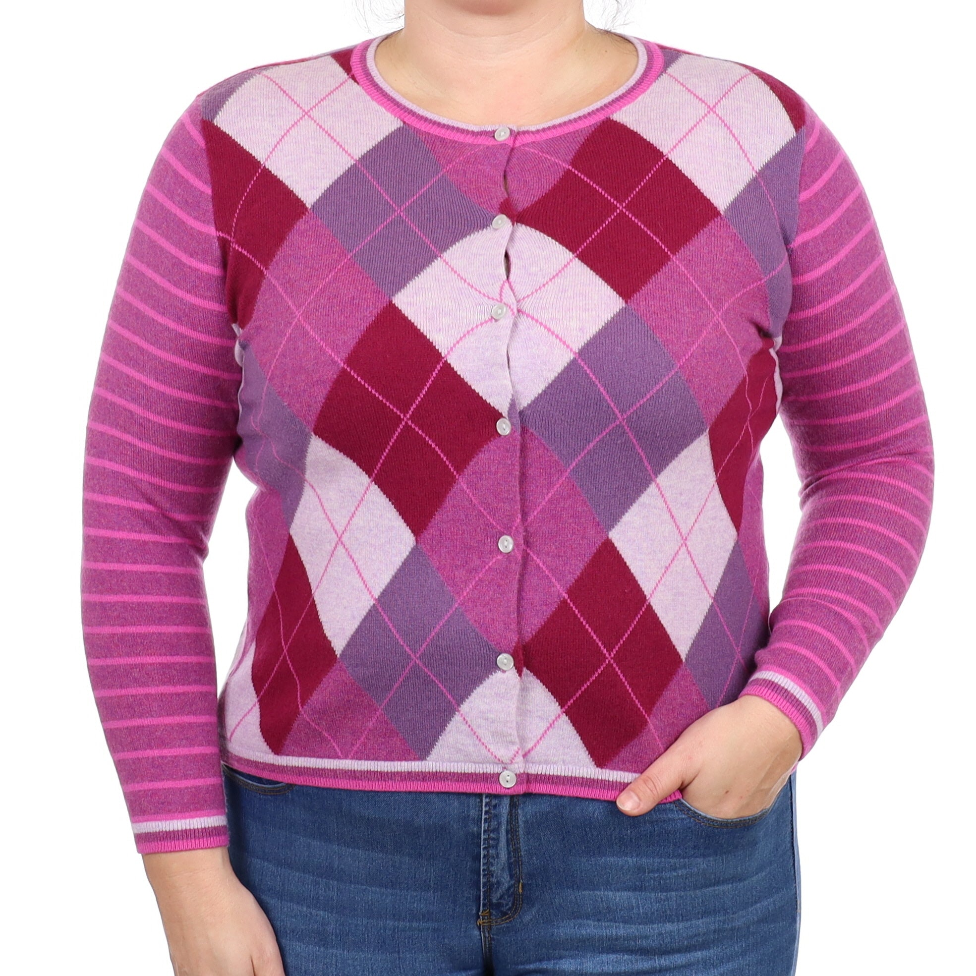 Purple Argyle Cashmere Crew Neck Cardigan Large