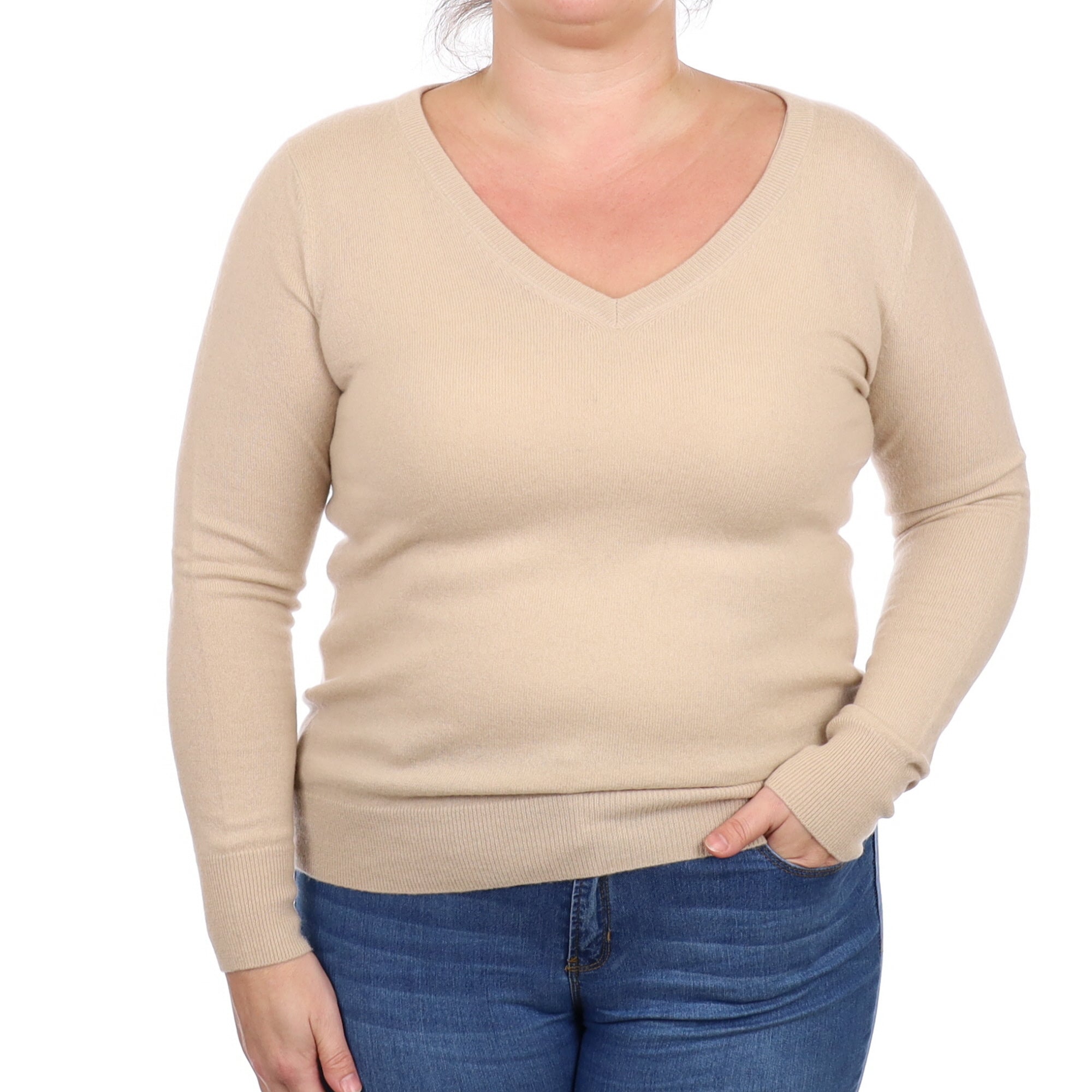 Honey Beige Cashmere V Neck Jumper Large