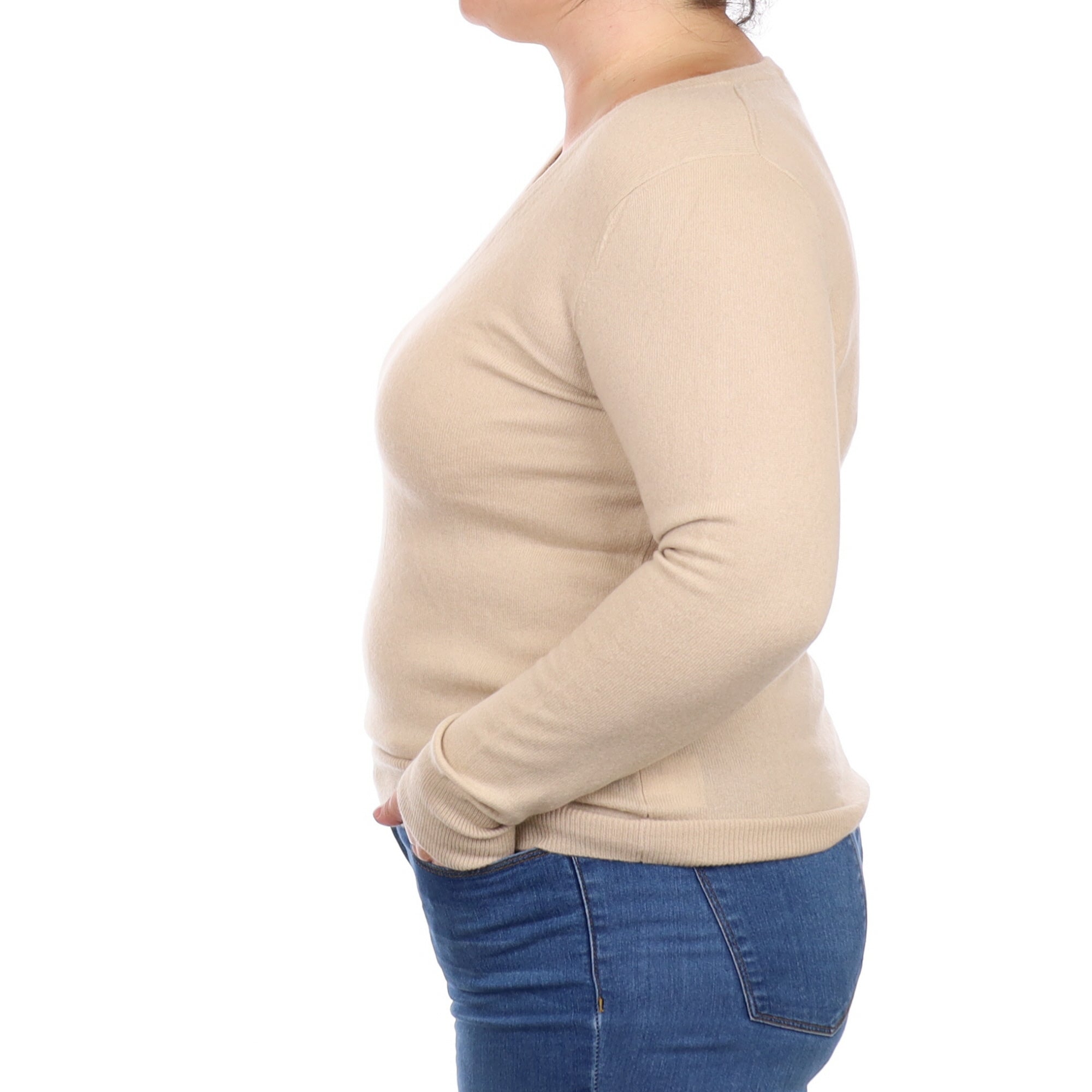 Honey Beige Cashmere V Neck Jumper Large
