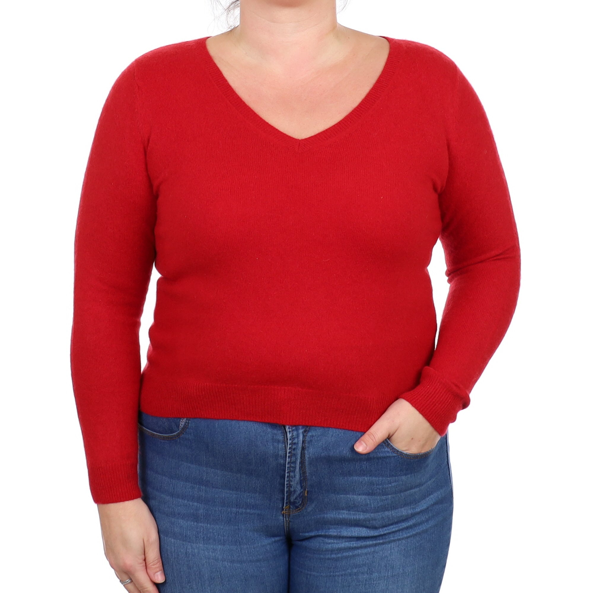 Post Box Red Cashmere V Neck Jumper Large