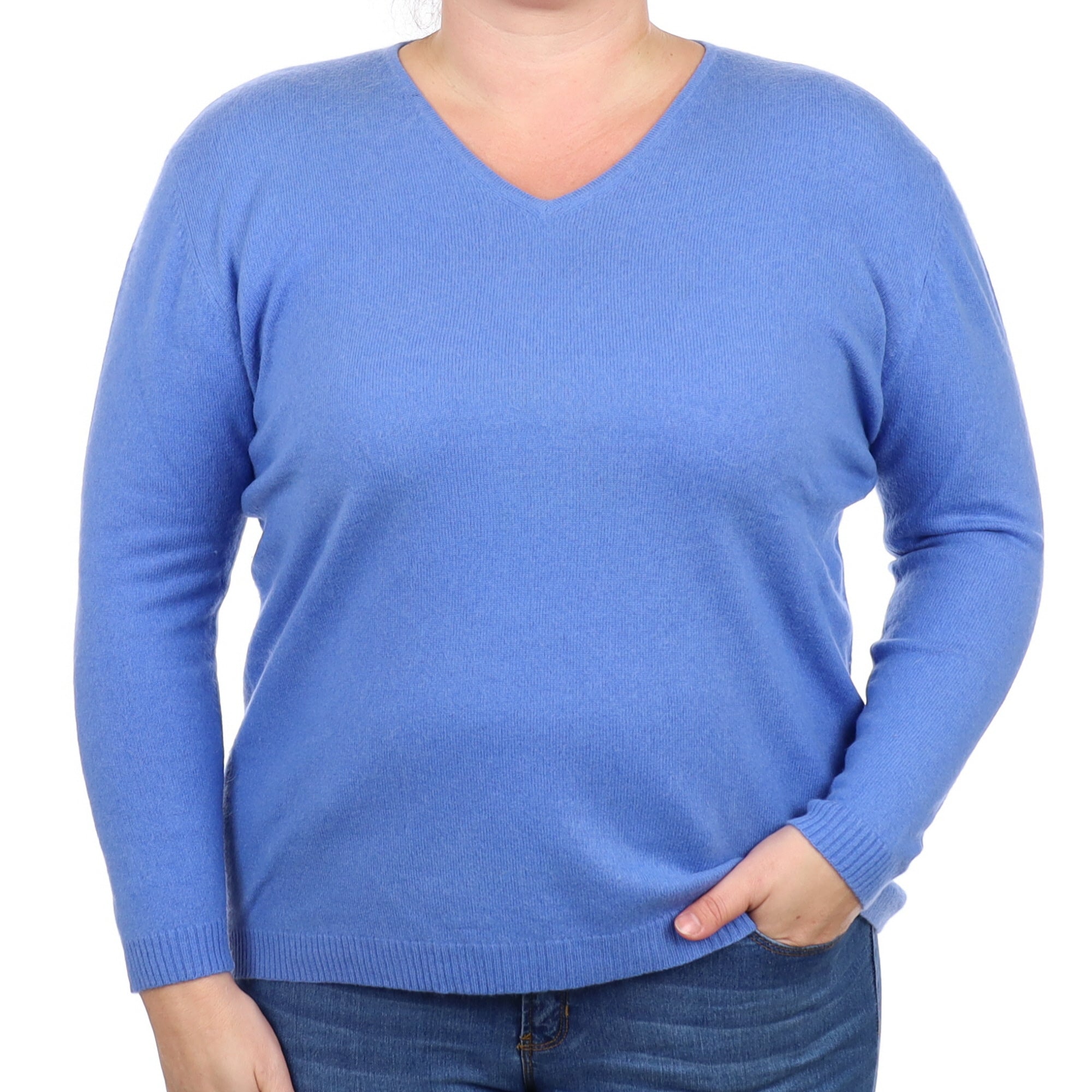 Cornflower Blue Cashmere V Neck Jumper Large
