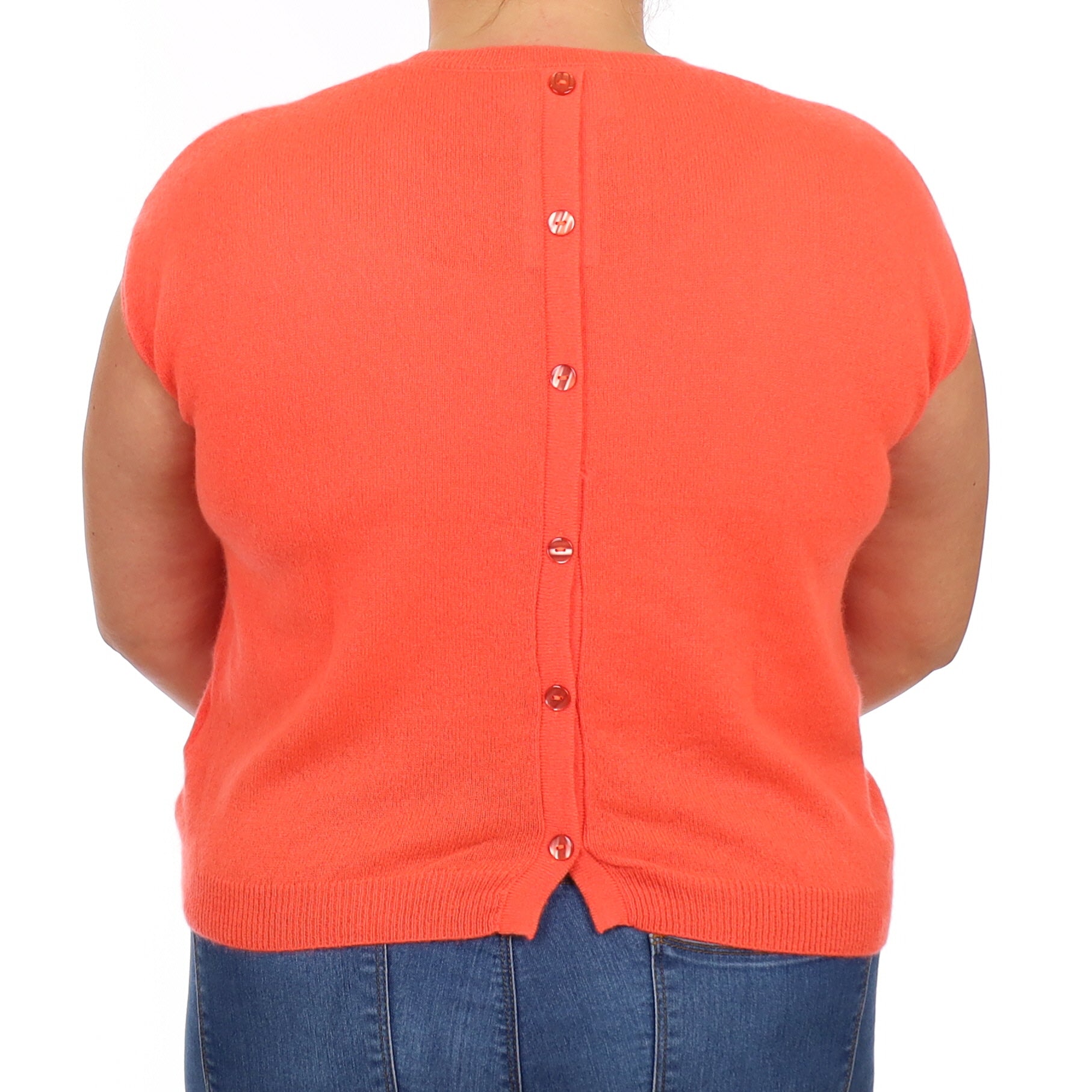 Neon Coral Orange Cashmere Crew Neck Sleeveless Jumper Large