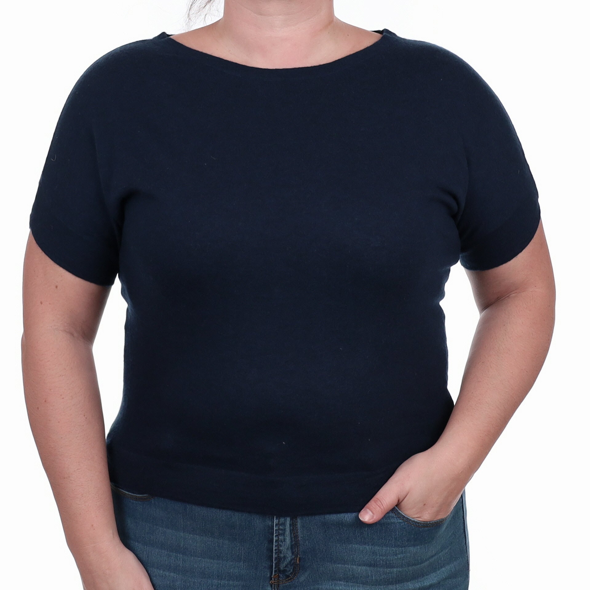 Midnight Navy Cashmere V Neck Short Sleeved Jumper Large
