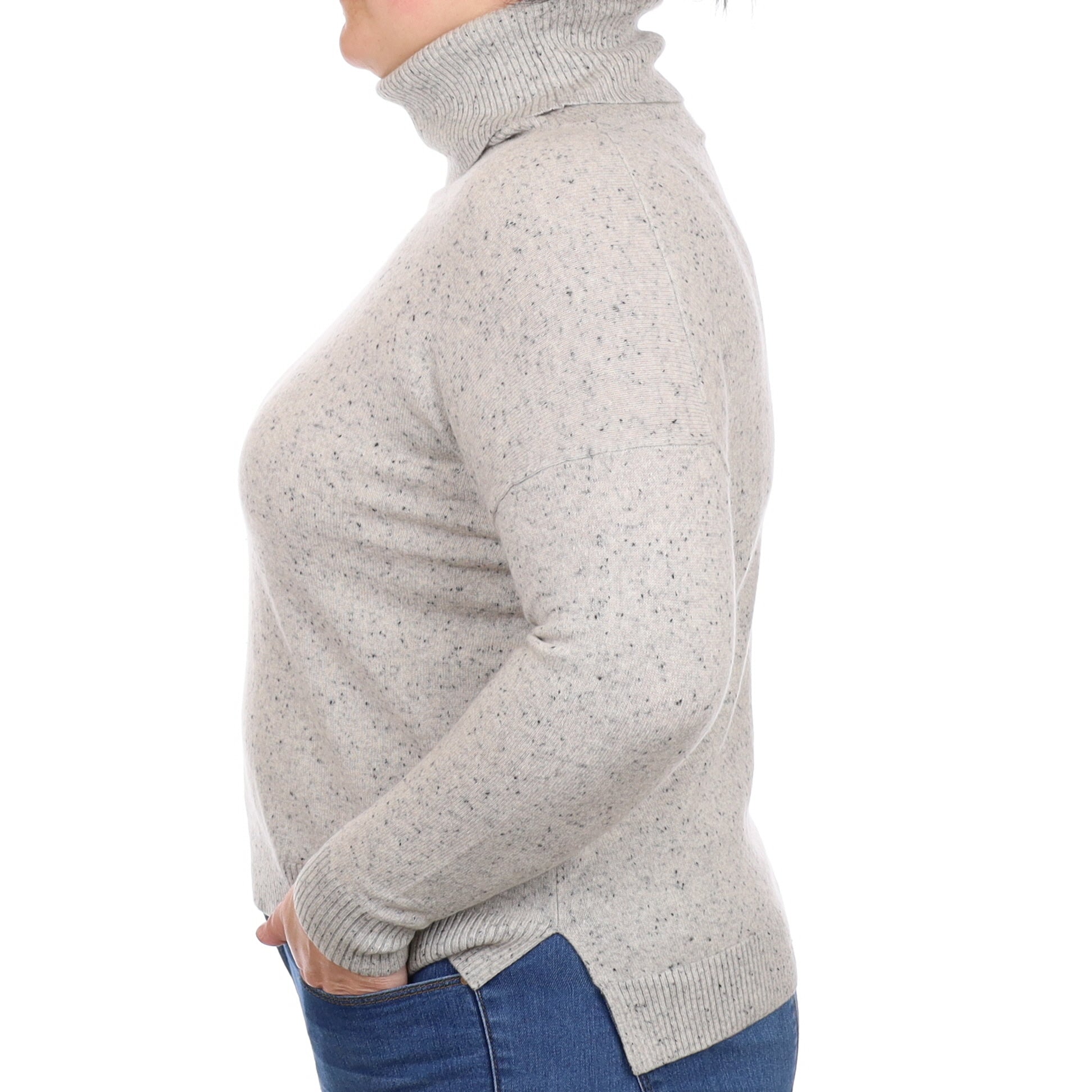 Ash Grey Flecked Cashmere Polo Neck Jumper Large