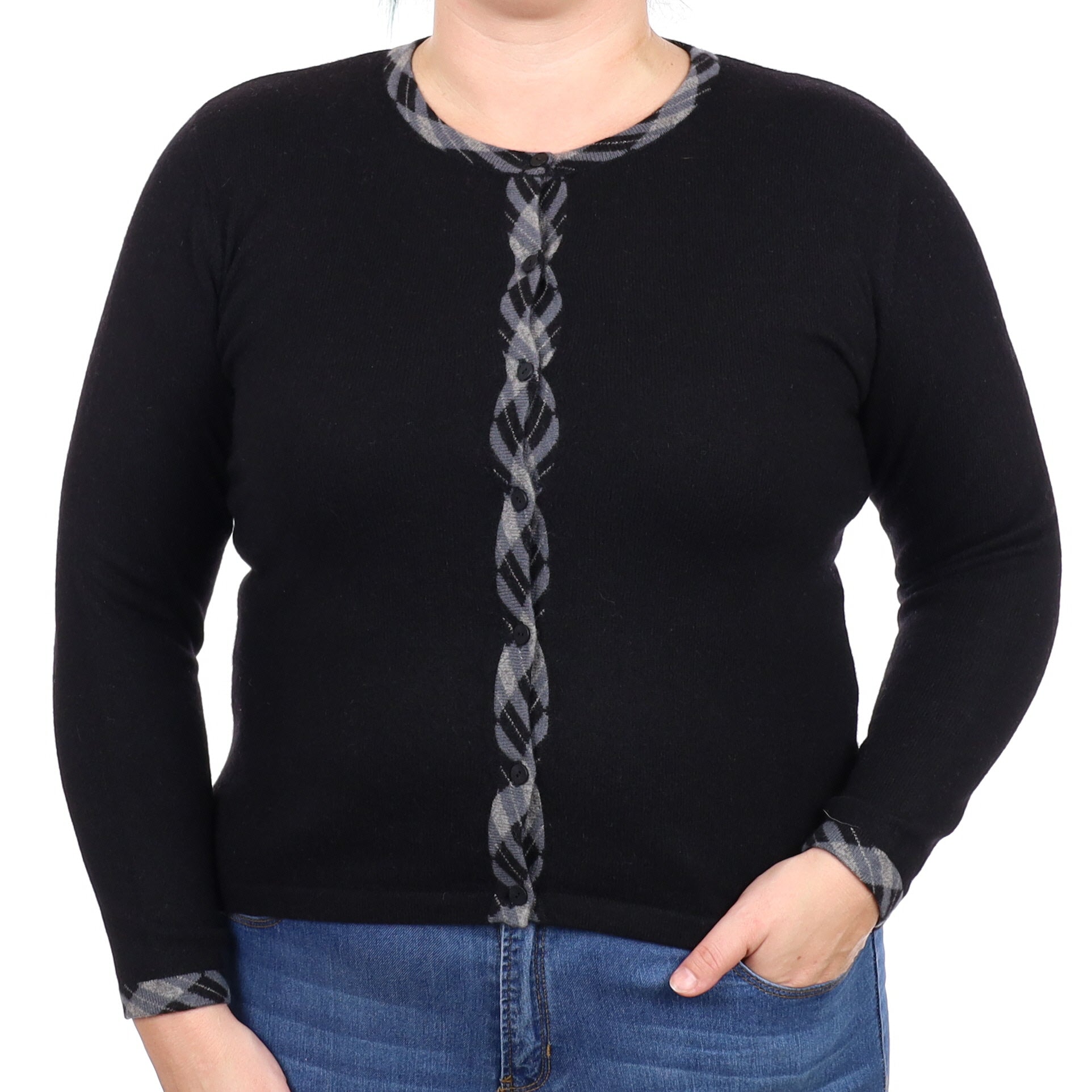 Black Patterned Trim Cashmere Crew Neck Cardigan Large