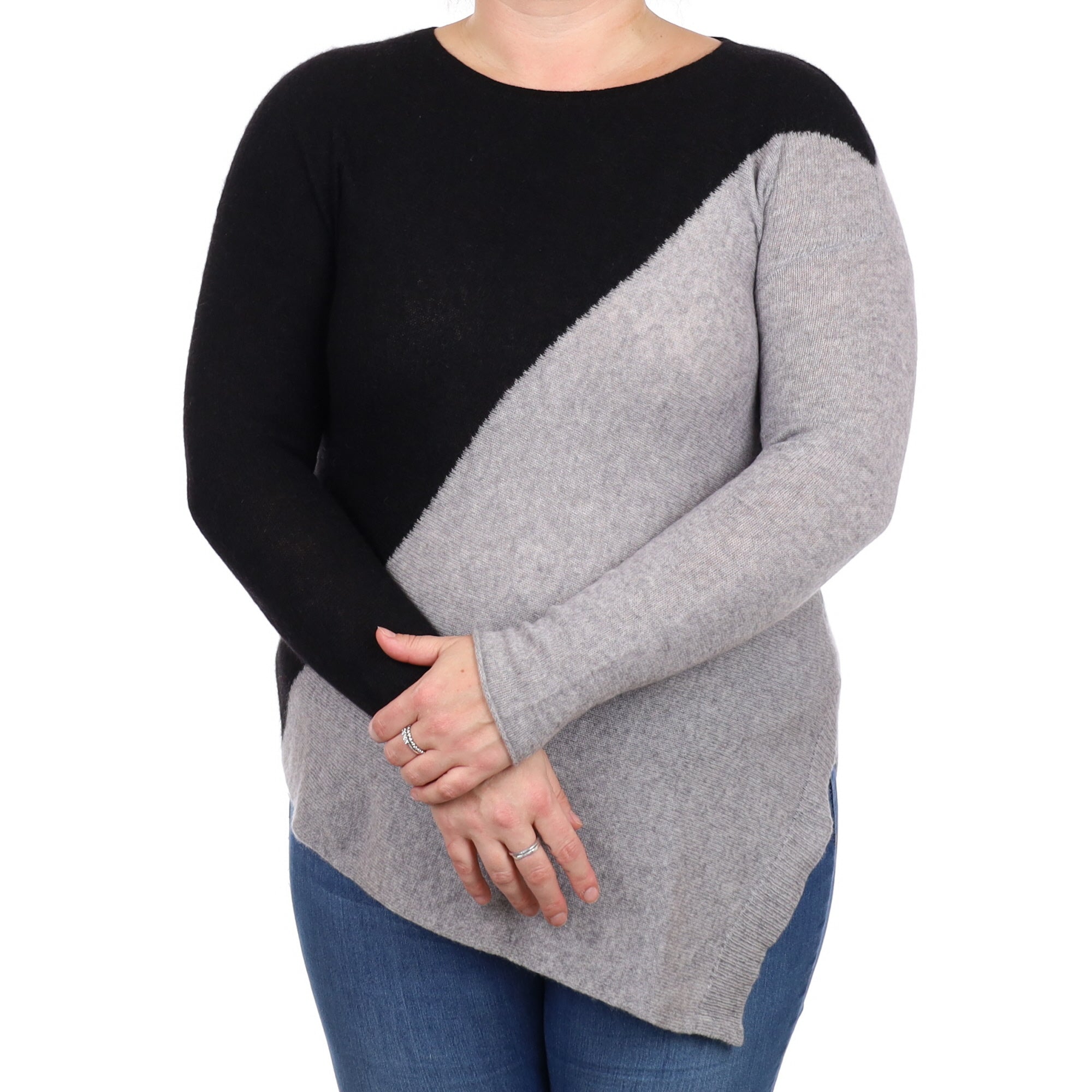 Grey and Black Cashmere Asymmetric Hem Crew Neck Jumper Large