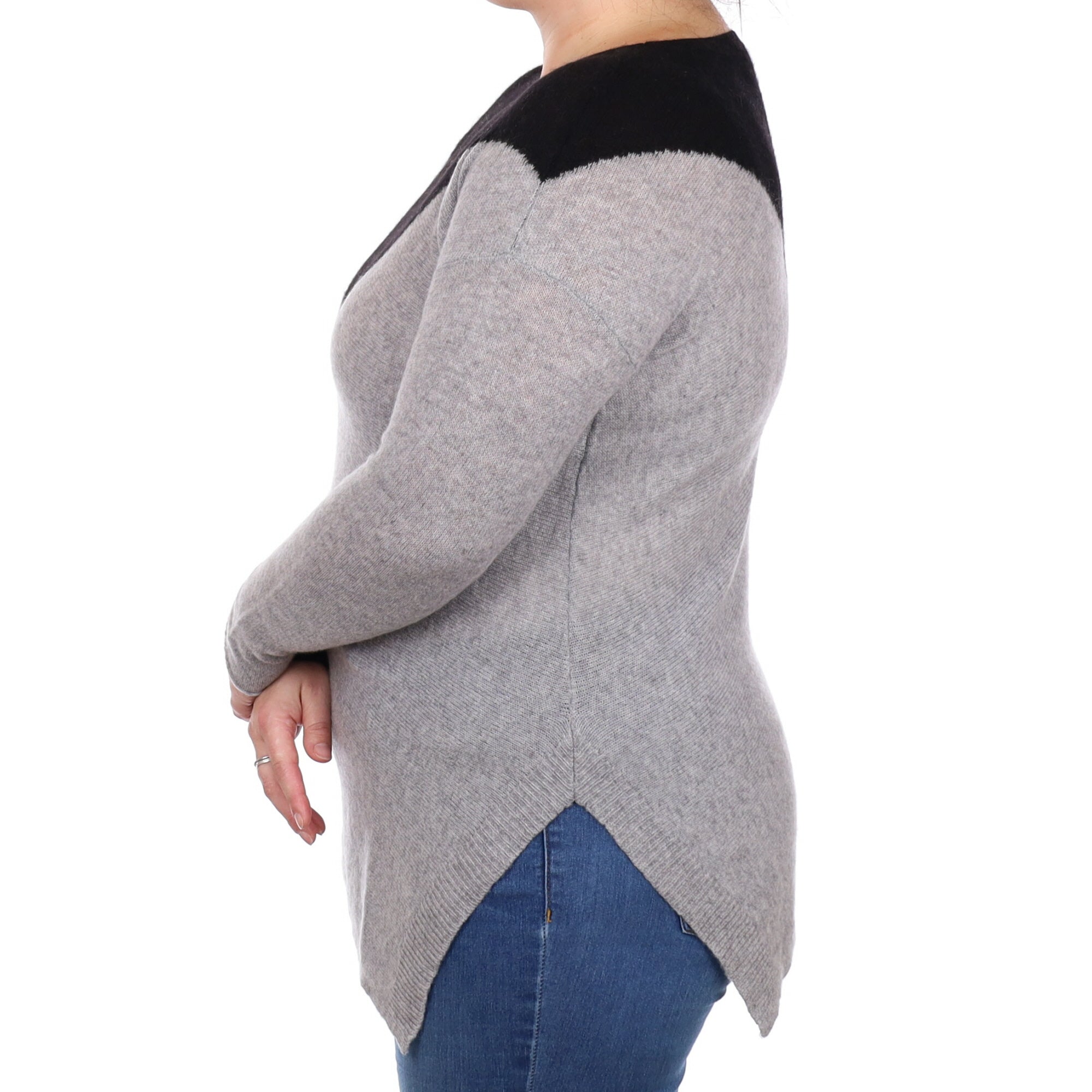 Grey and Black Cashmere Asymmetric Hem Crew Neck Jumper Large