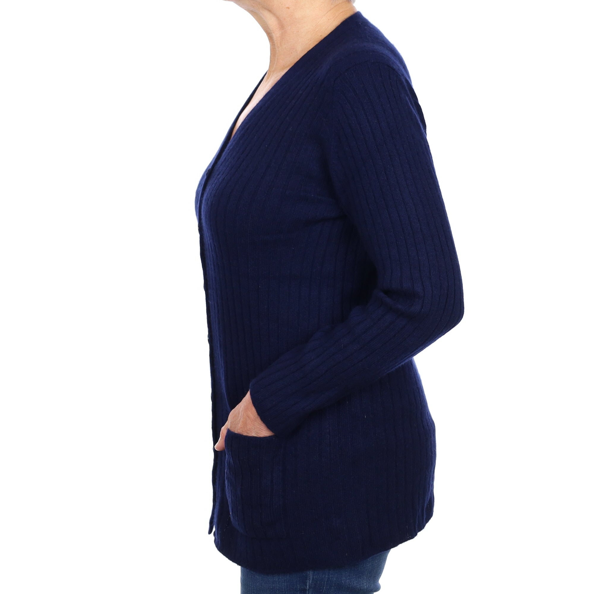 Scottish Brora Navy Blue Cashmere V Neck Ribbed Knit Cardigan Medium