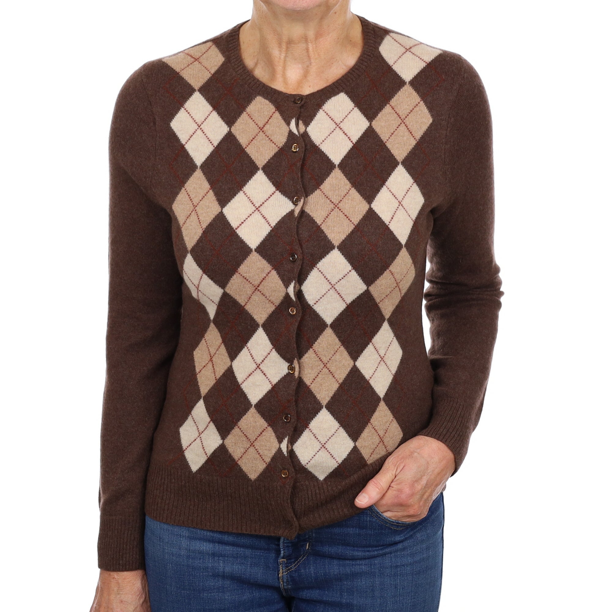Dark Chocolate Brown Argyle Cashmere Crew Neck Cardigan Medium