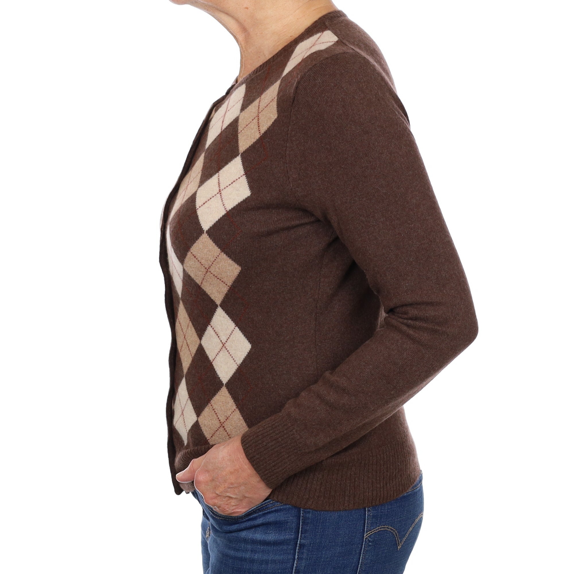 Dark Chocolate Brown Argyle Cashmere Crew Neck Cardigan Medium