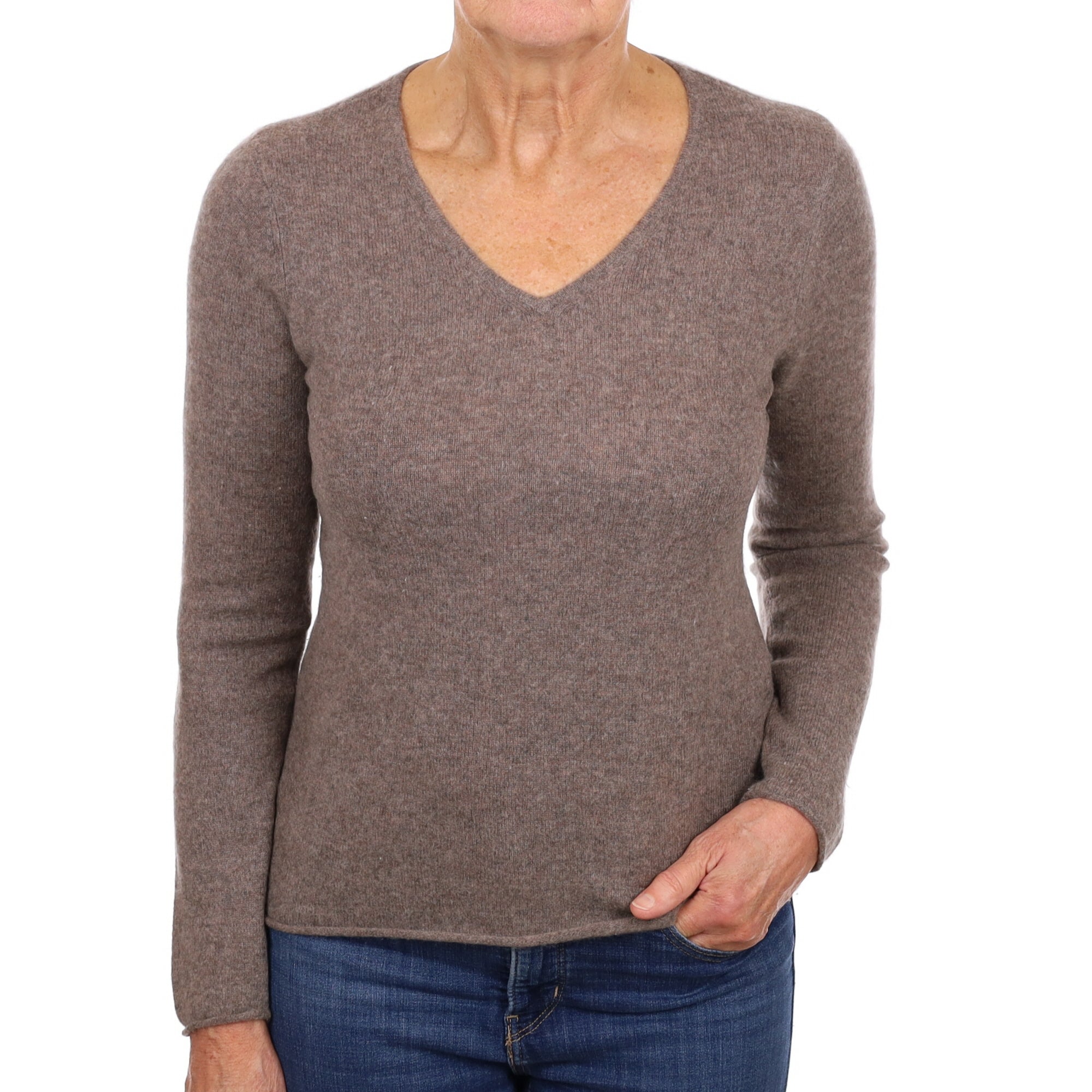 Mocha Brown Cashmere V Neck Jumper Medium