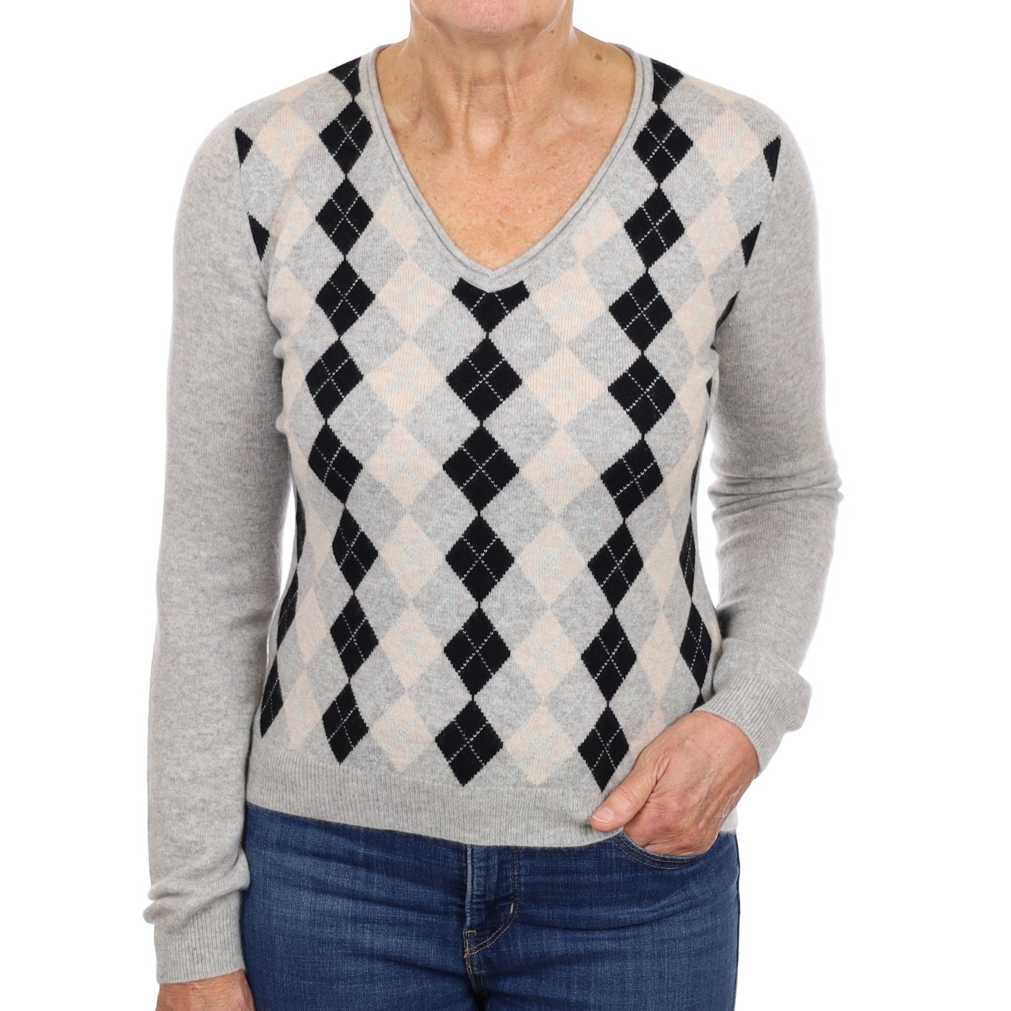 Smoke Grey Argyle Patterned Cashmere V Neck Jumper Medium