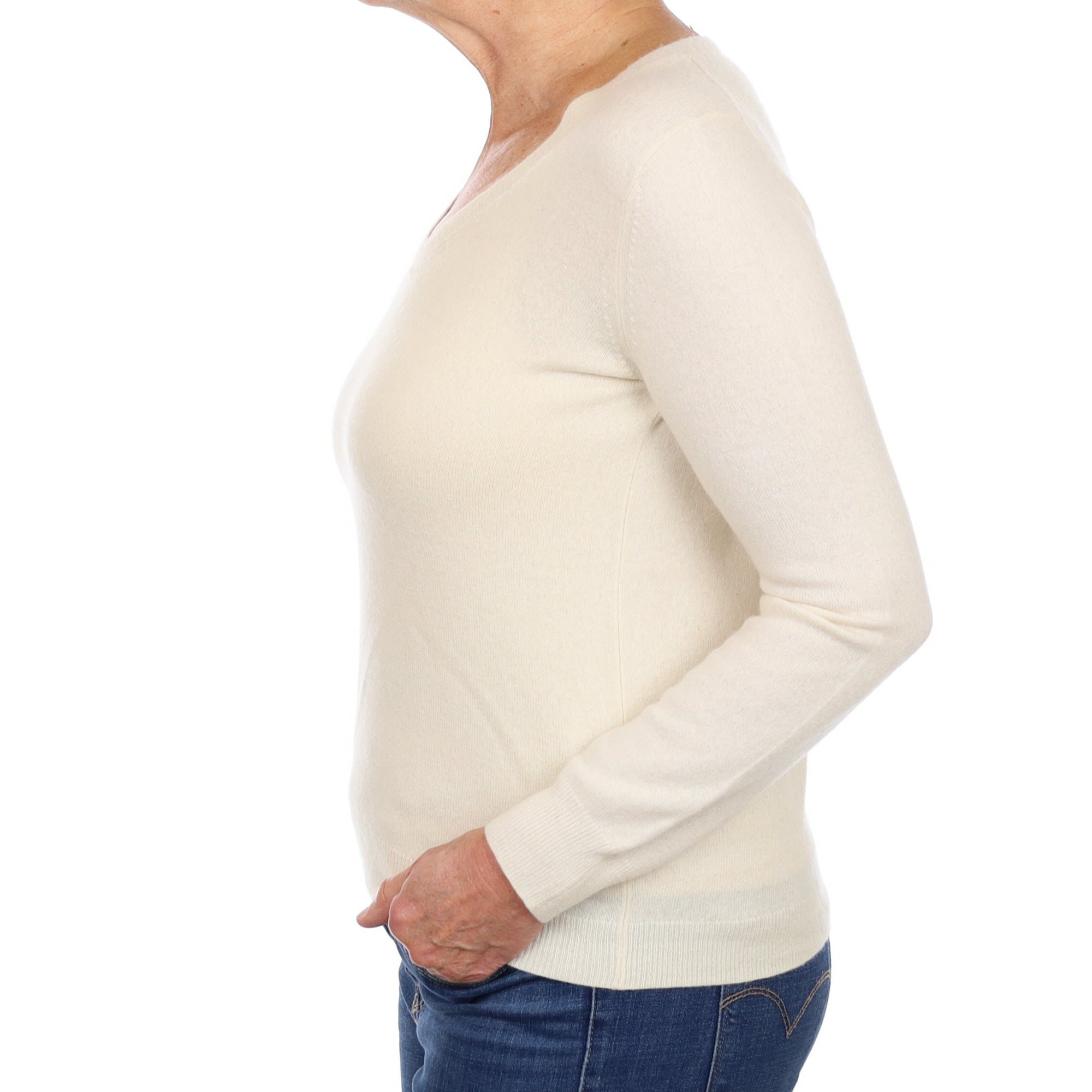 Vanilla Cream Cashmere V Neck Jumper Medium