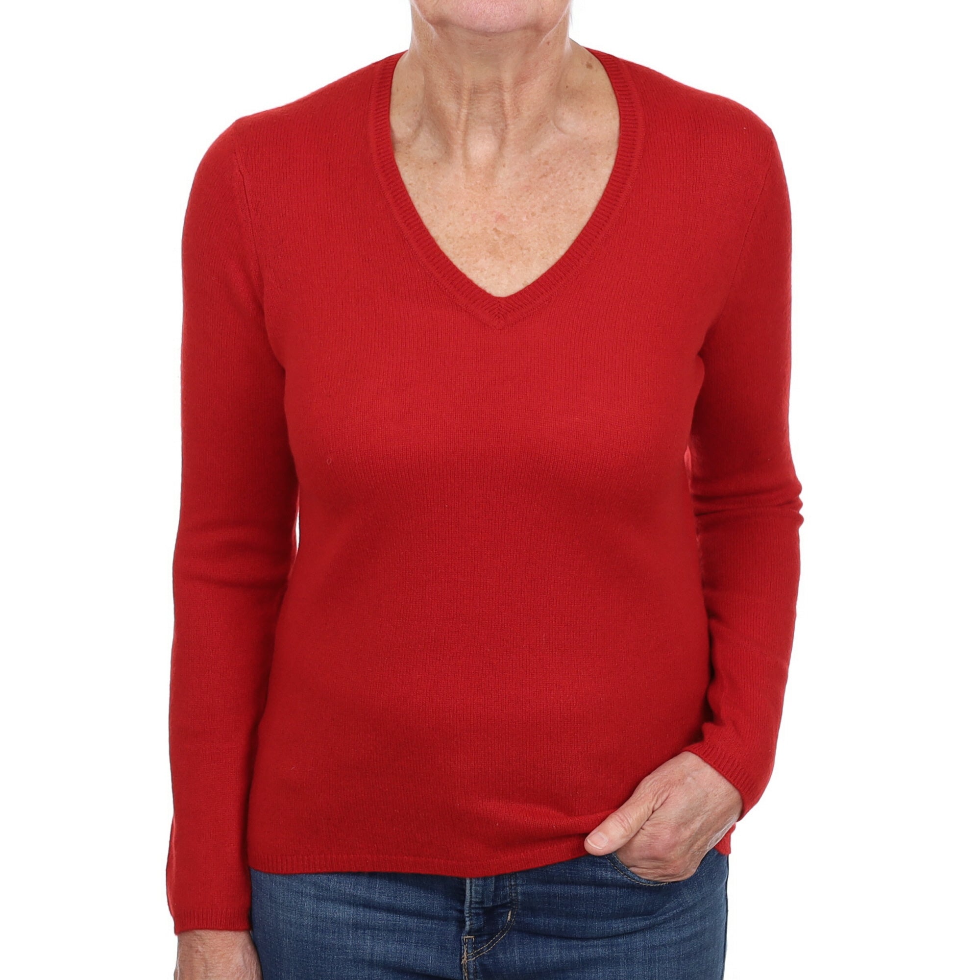 Scarlet Red Cashmere V Neck Jumper Medium