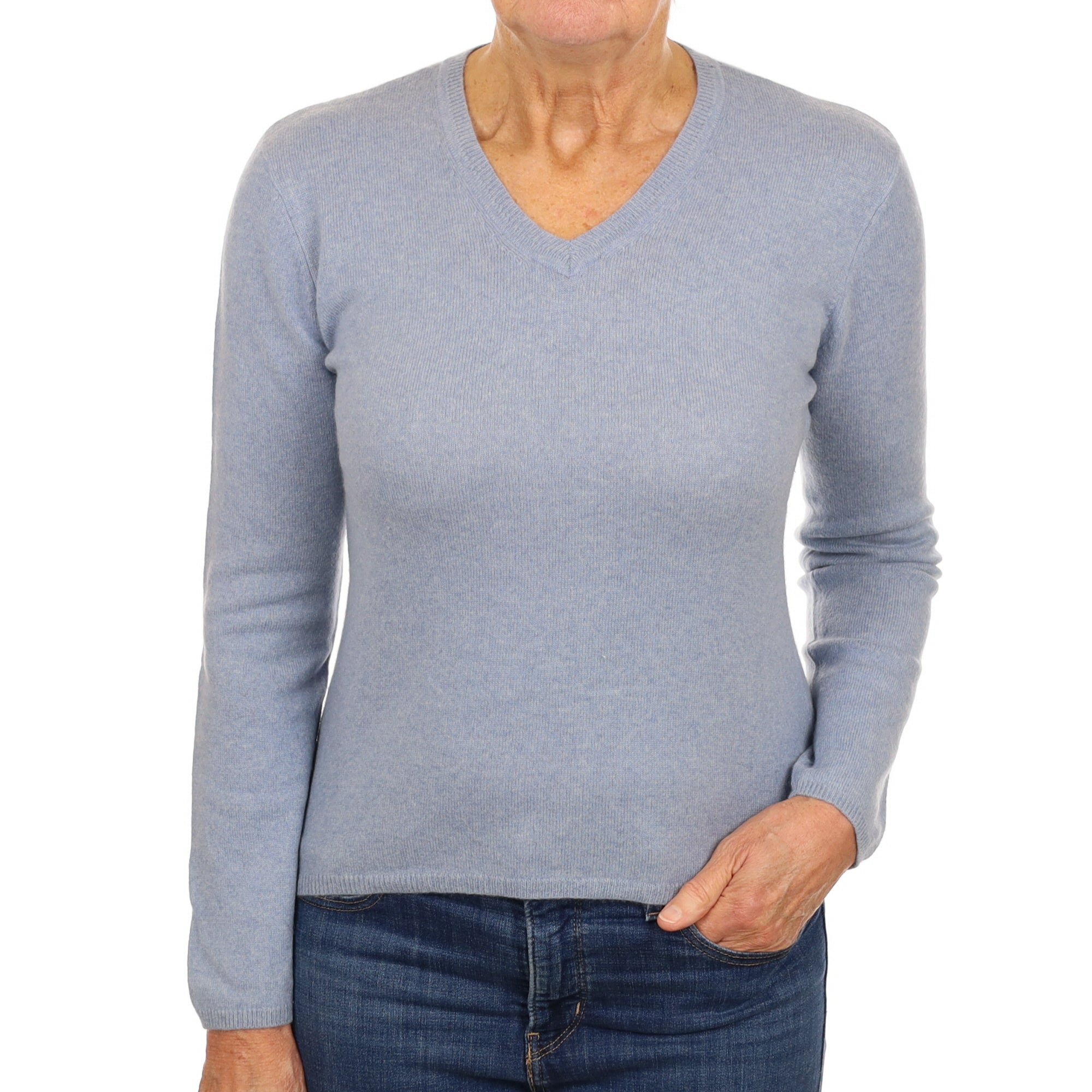 Sky Blue Marl Cashmere V Neck Jumper Medium
