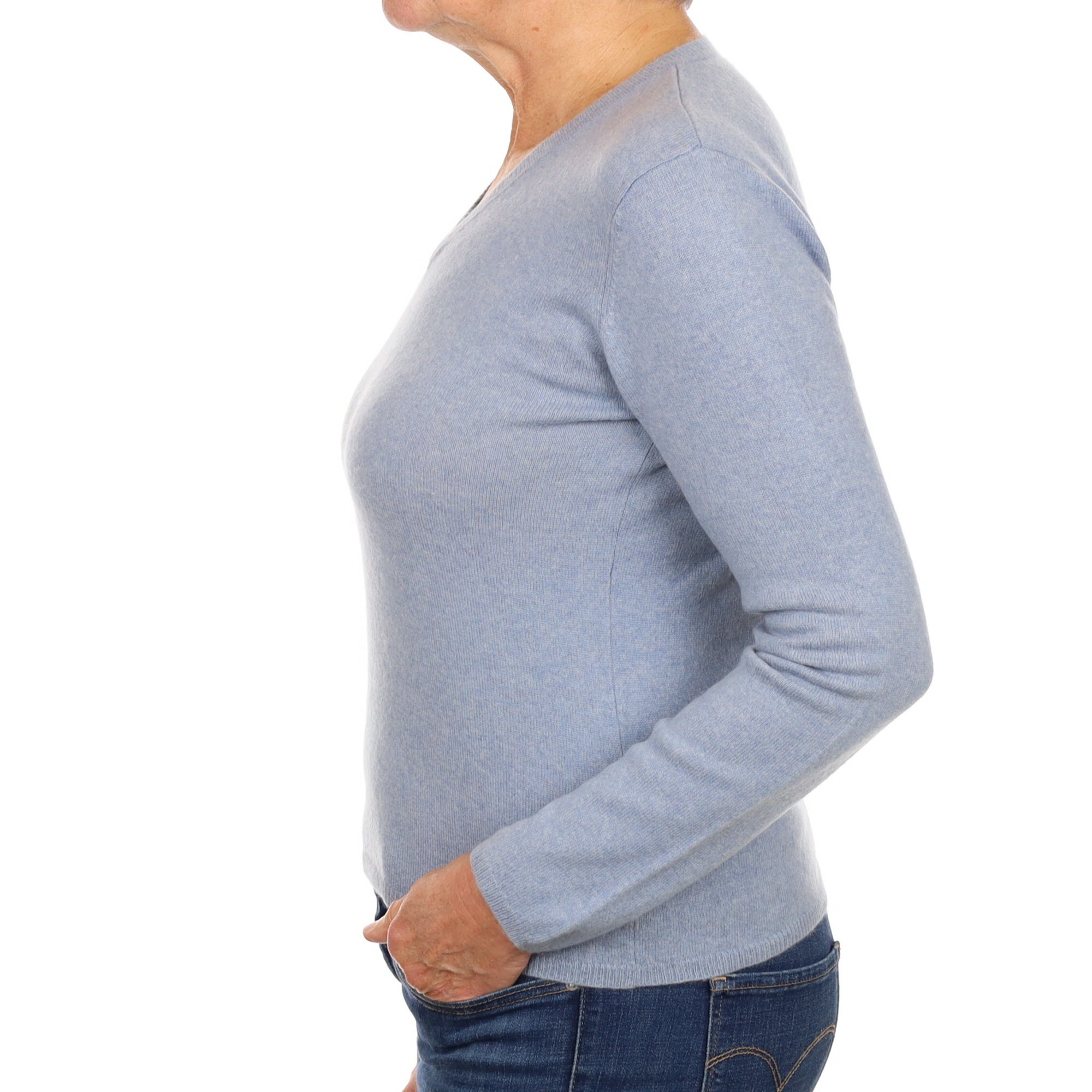 Sky Blue Marl Cashmere V Neck Jumper Medium