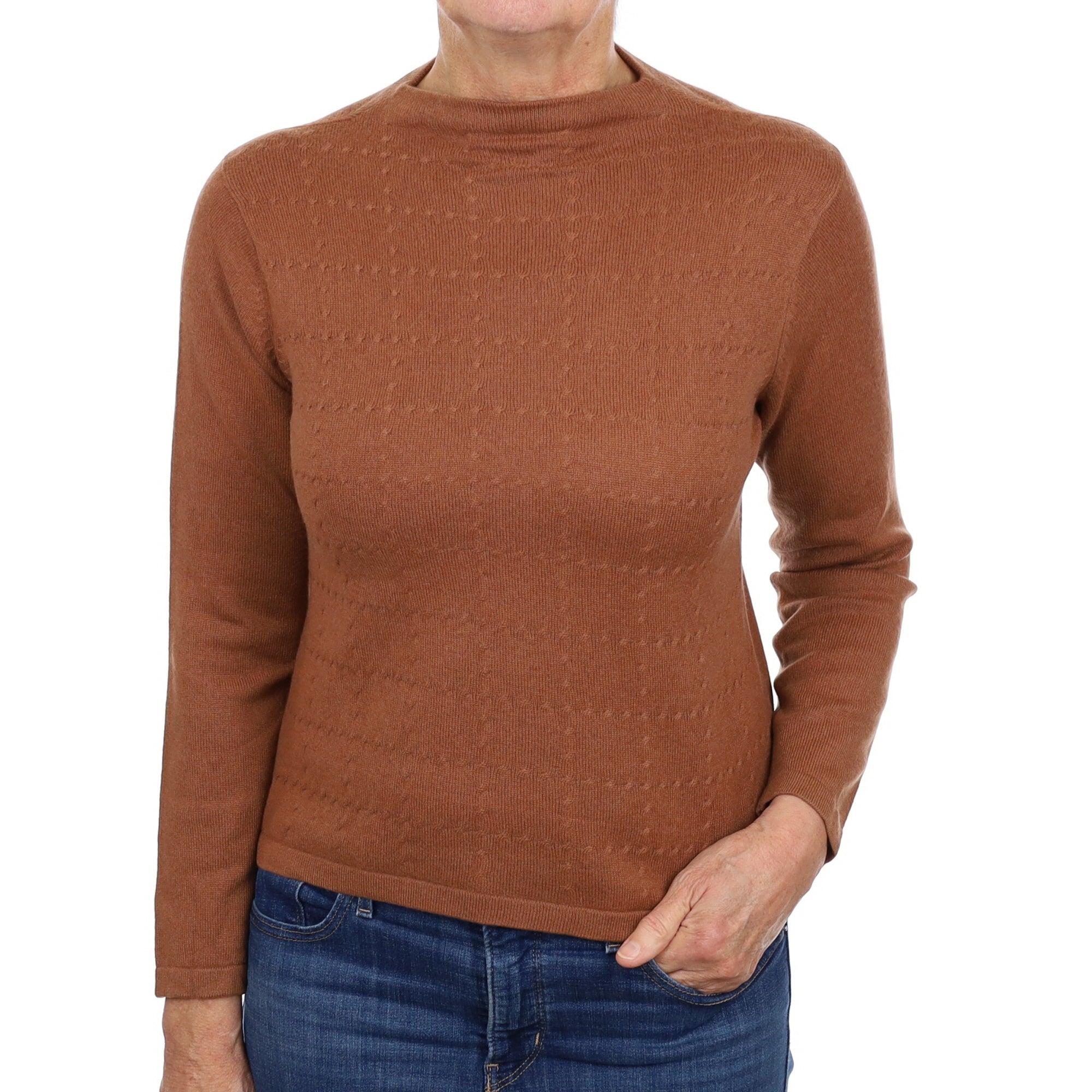 Cinnamon Brown Textured Cashmere Turtle Neck Jumper Medium