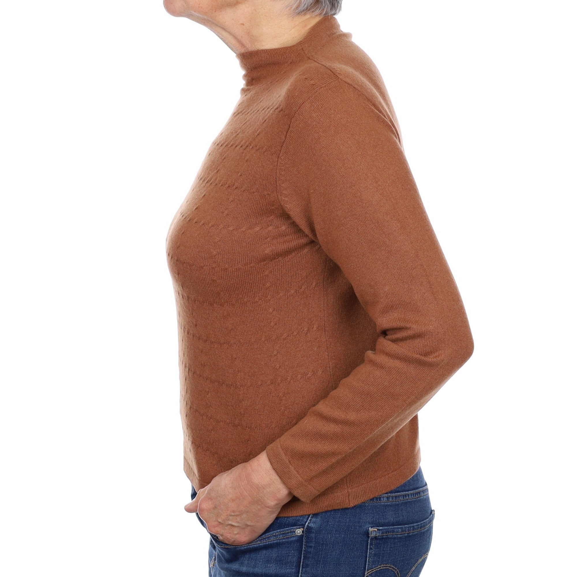 Cinnamon Brown Textured Cashmere Turtle Neck Jumper Medium