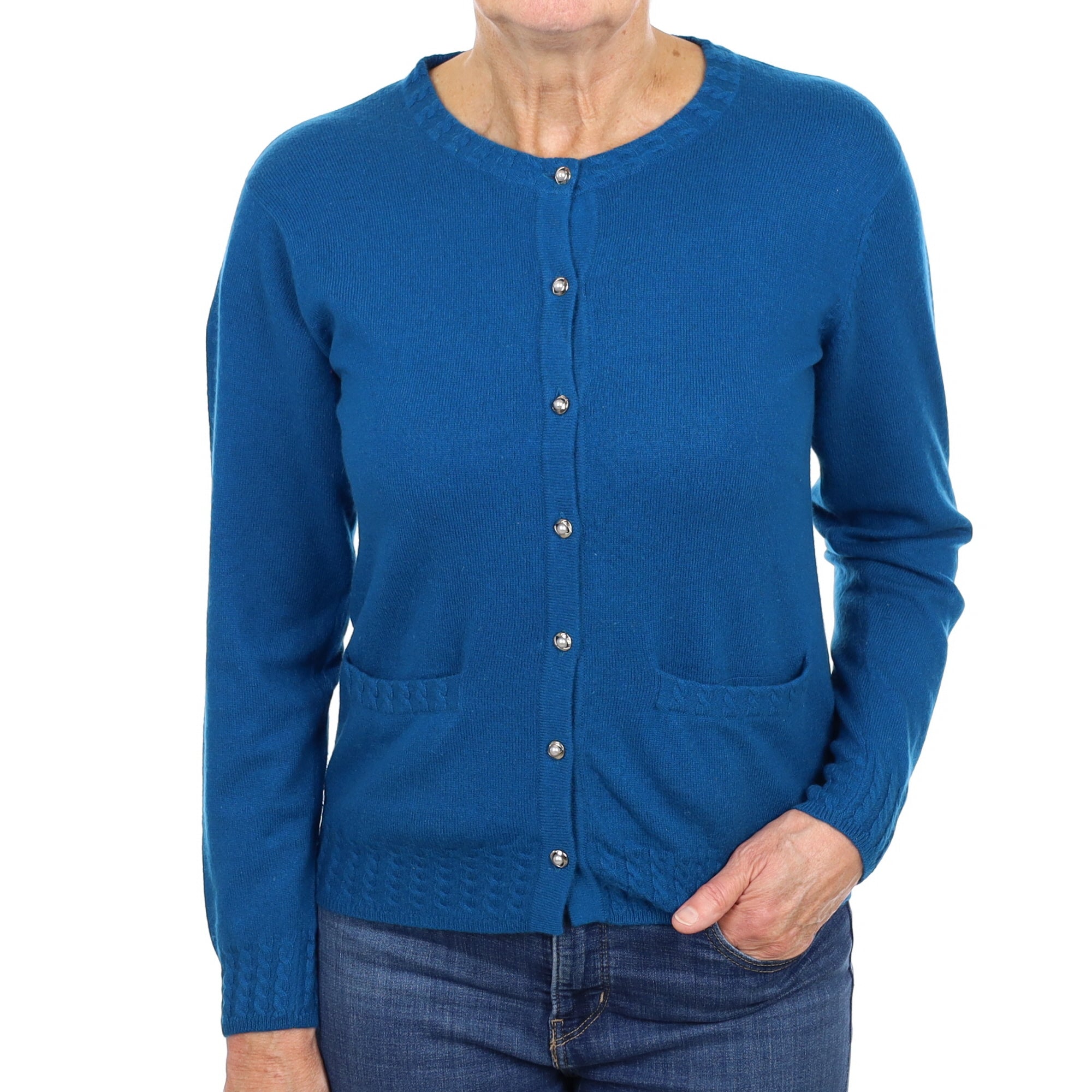 Teal Blue Cashmere Crew Neck Cardigan Medium